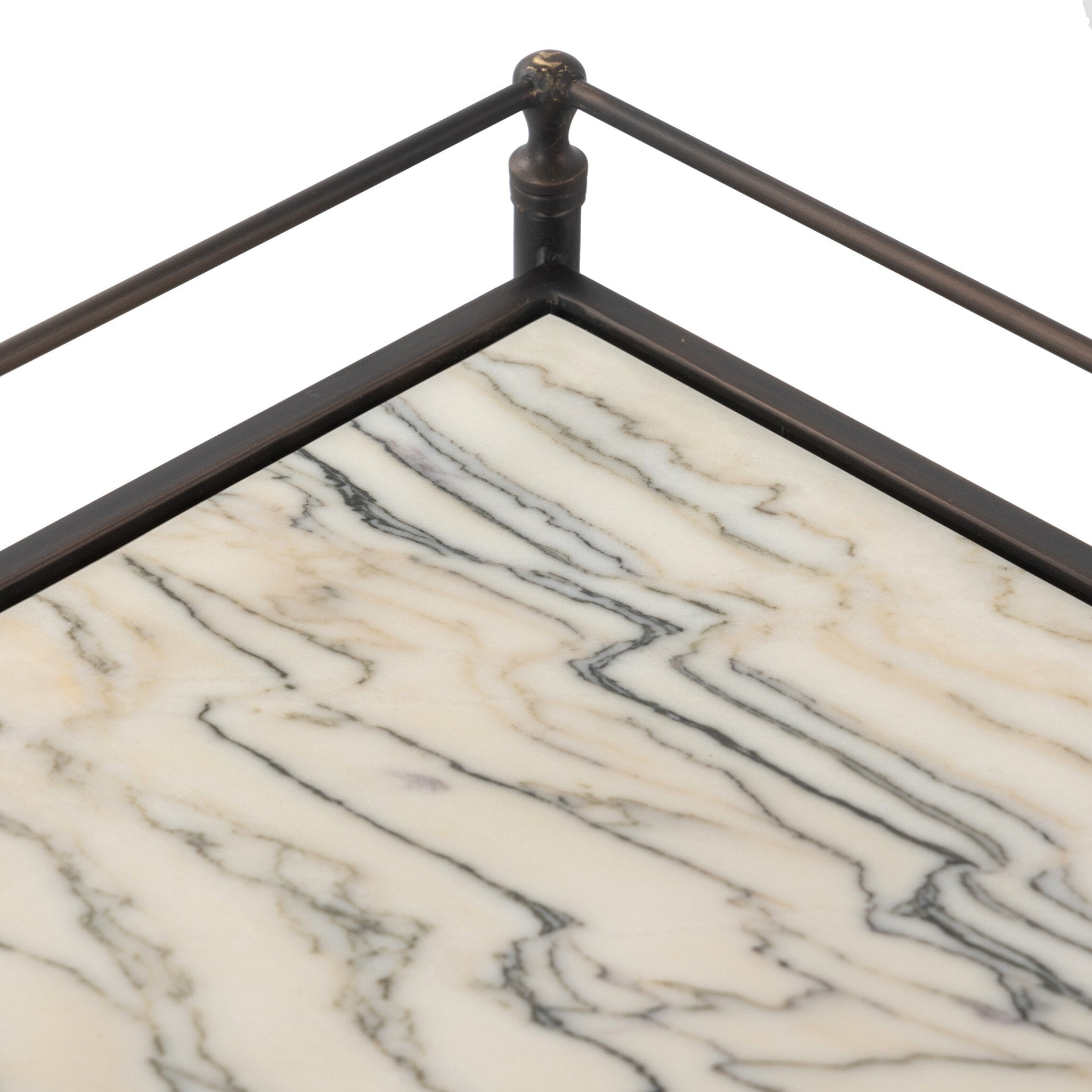 Close up of the two-tier metal nightstand with marble shelves.