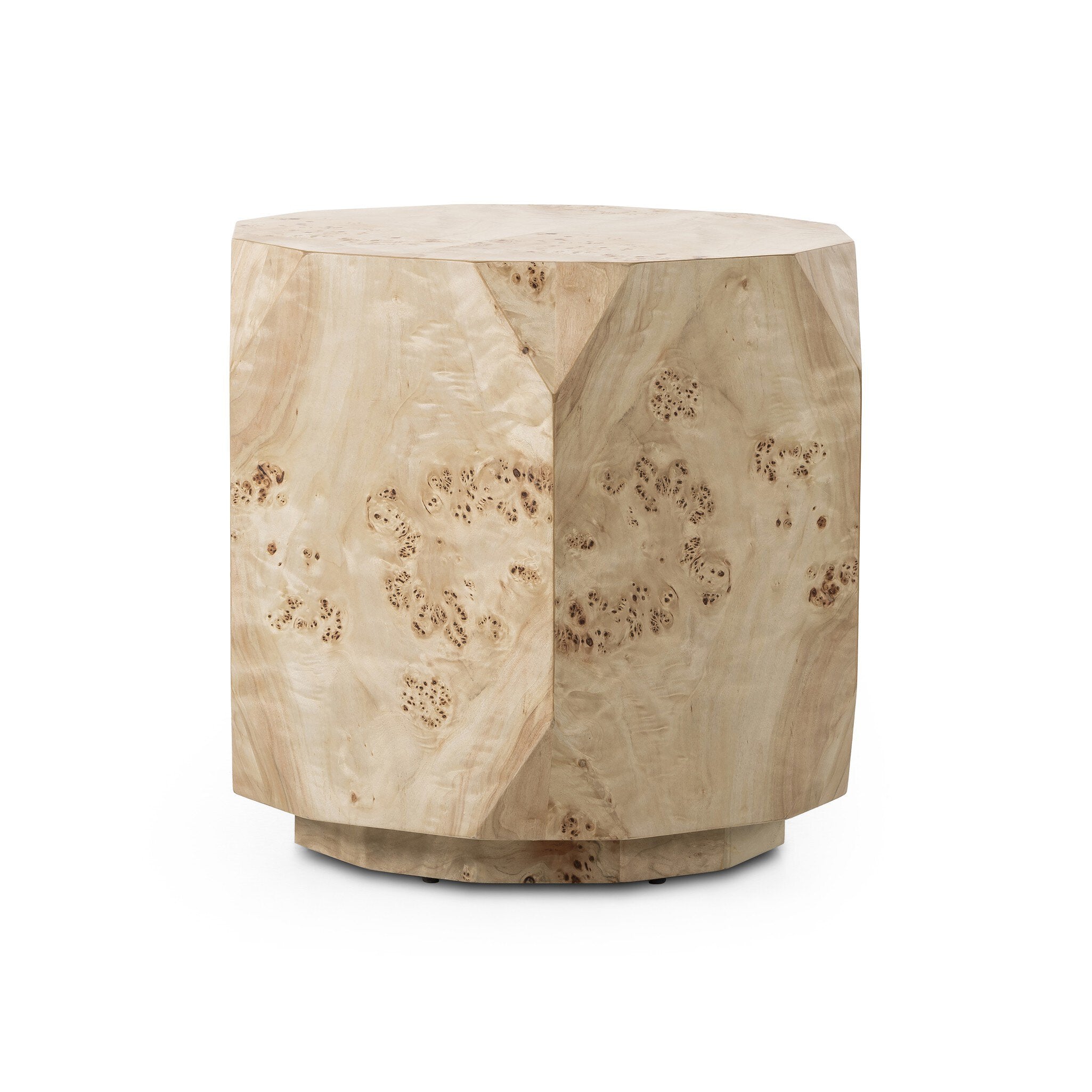 Wooden end table with a natural, textured finish on a white background.