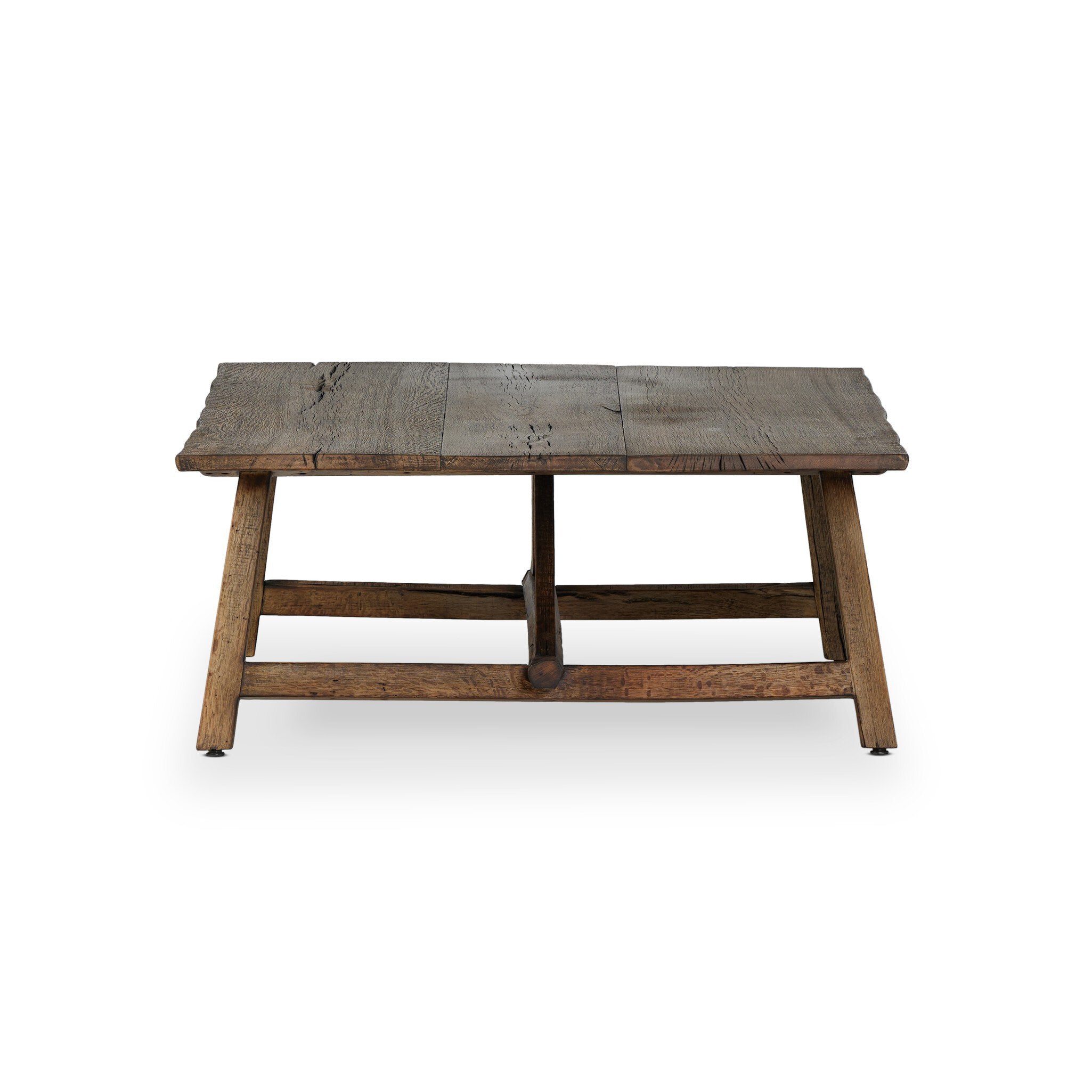 Side profile of a wooden coffee table on a white background.