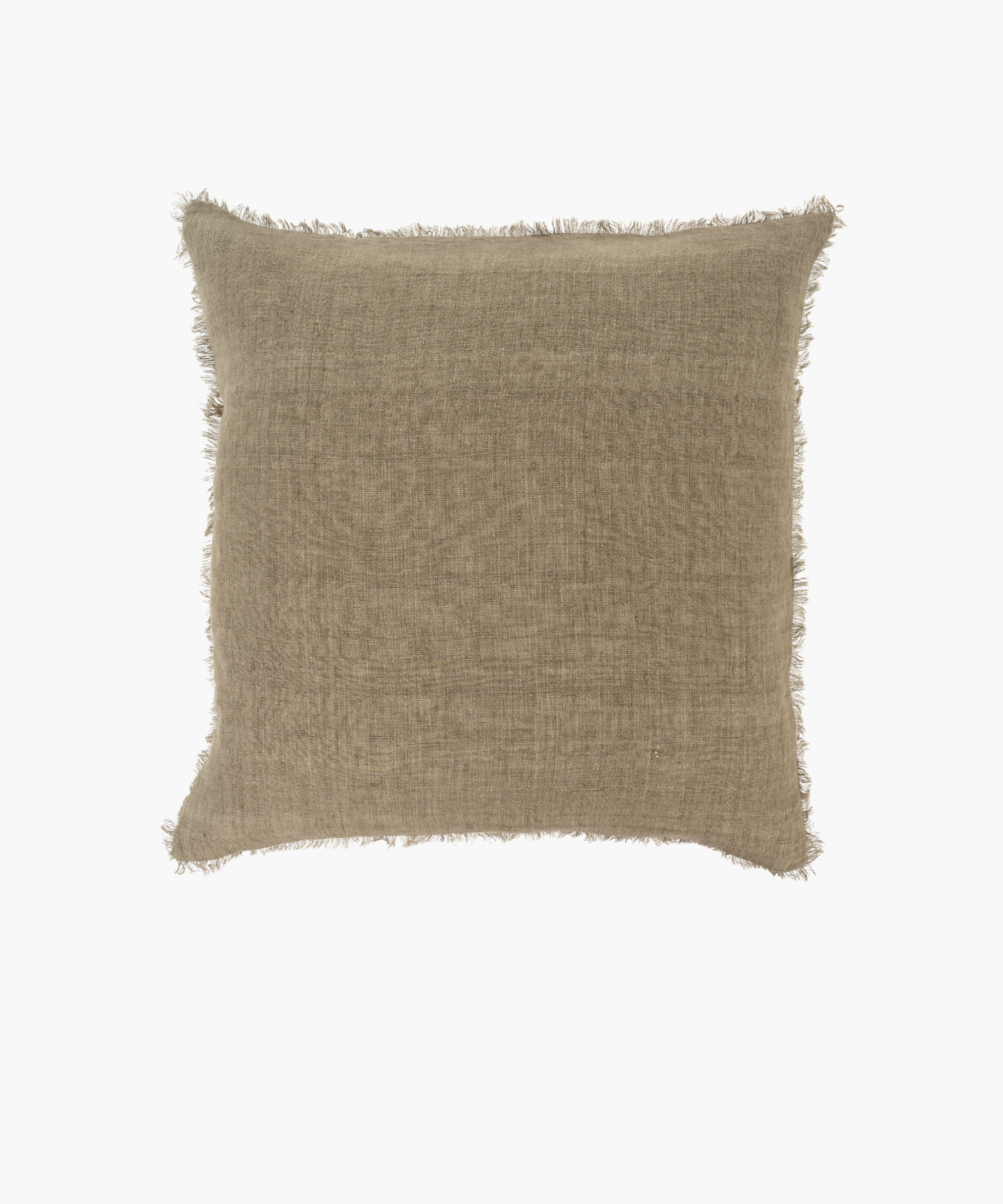 A square, beige pillow with a textured fabric and frayed edges, conveying a rustic, cozy feel. Set against a plain white background. | Wildwood Home Co.