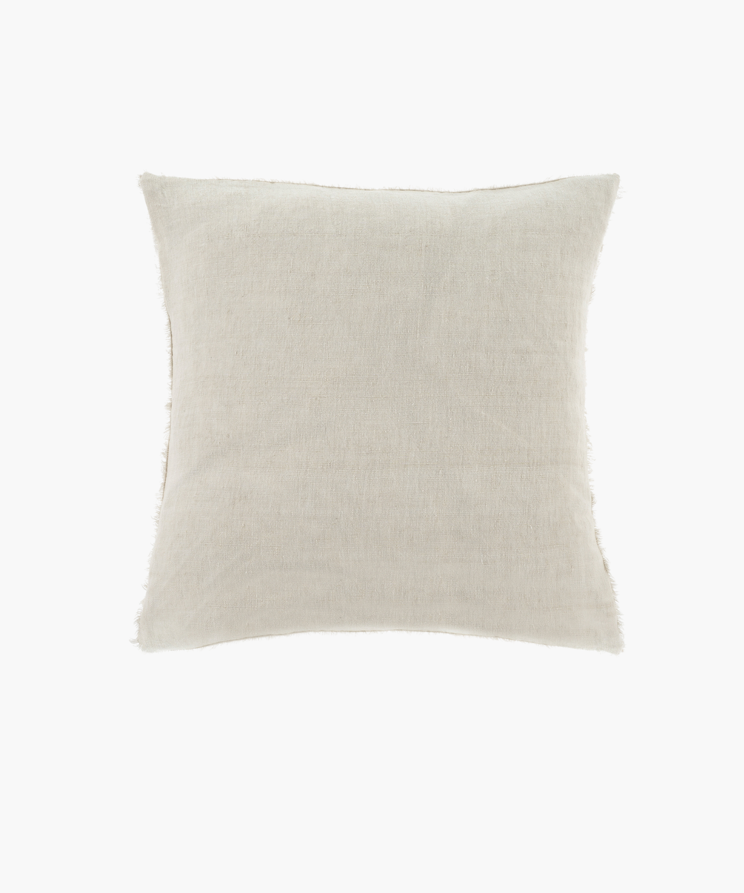 An off-white square throw pillow with a subtle texture and frayed edges, conveying a cozy, rustic feel. The pillow appears soft and inviting. | Wildwood Home Co.