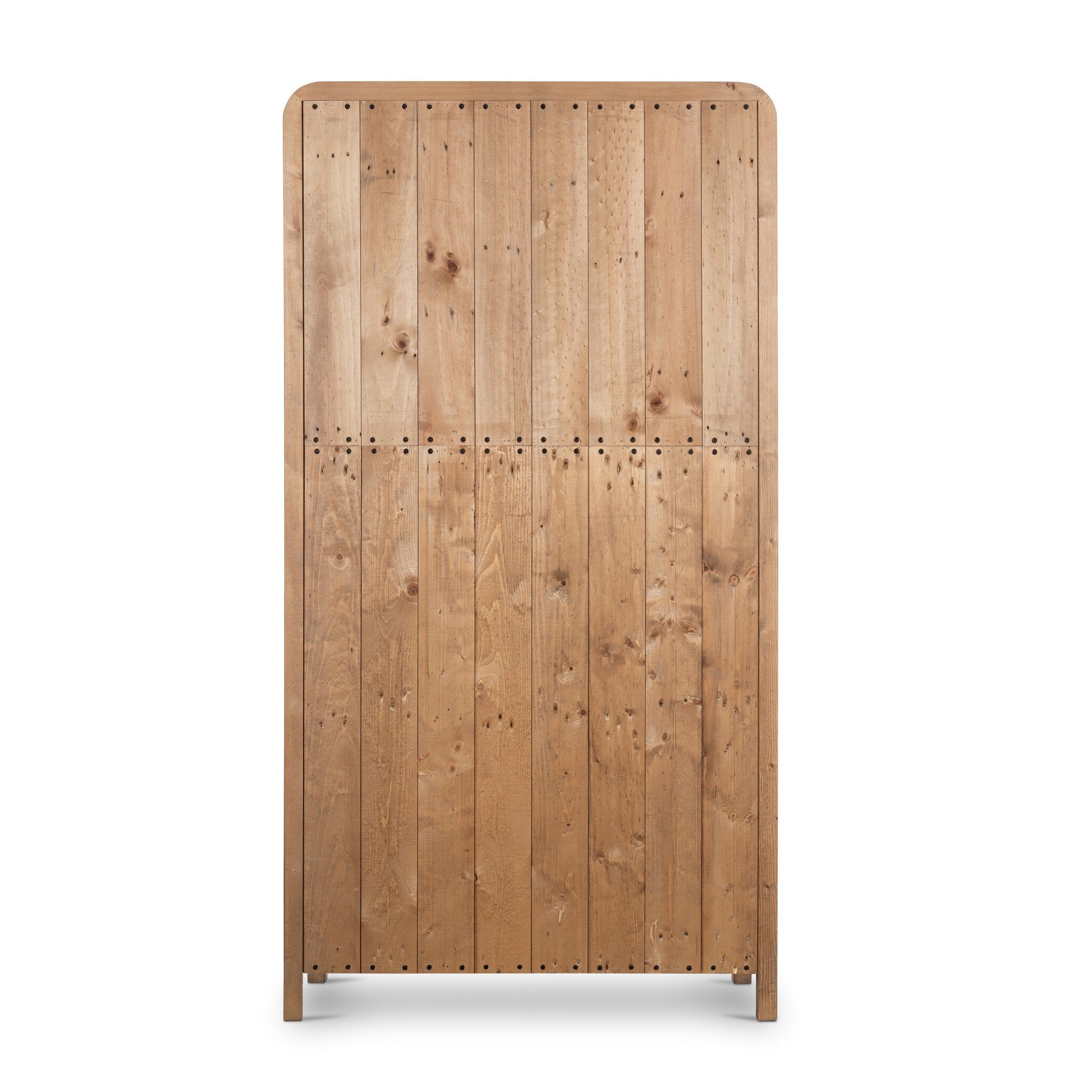 The back of a wooden cabinet with two doors and rounded corners on a white background.