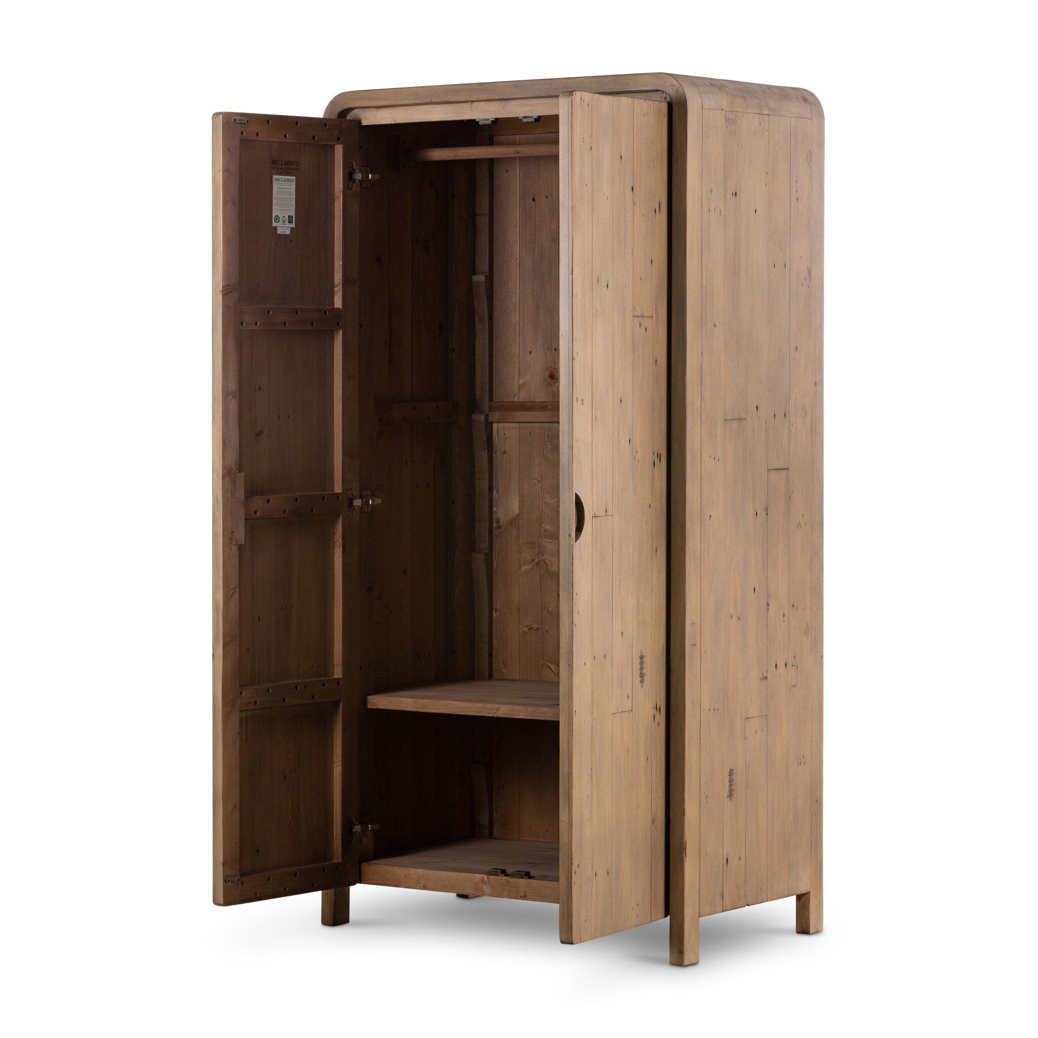 Wooden cabinet with two doors open and rounded corners on a white background.