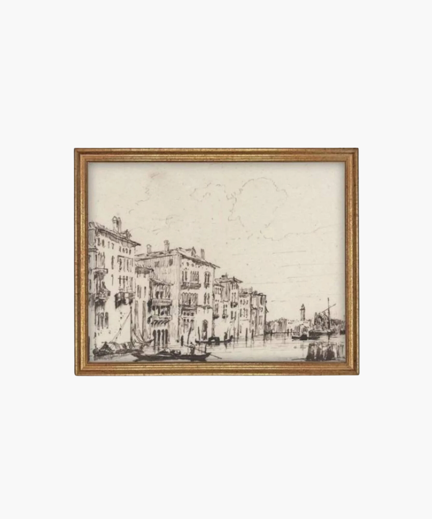 Framed sepia drawing of a Venetian canal scene with historic buildings. Boats float on calm water, evoking a serene, timeless atmosphere. | Wildwood Home Co.