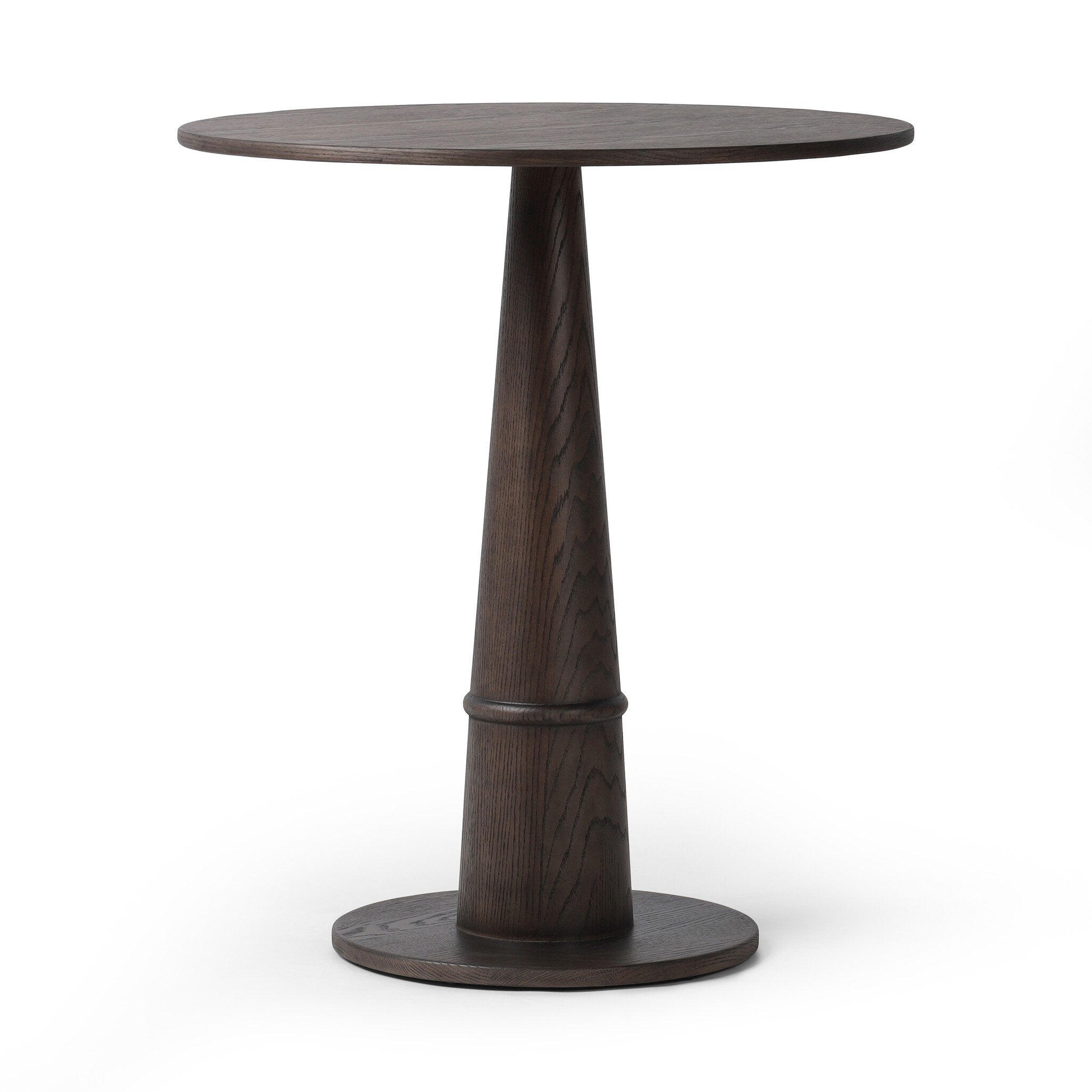 Dark wooden round cocktail style table on a white background. | Wildwood Home Co.