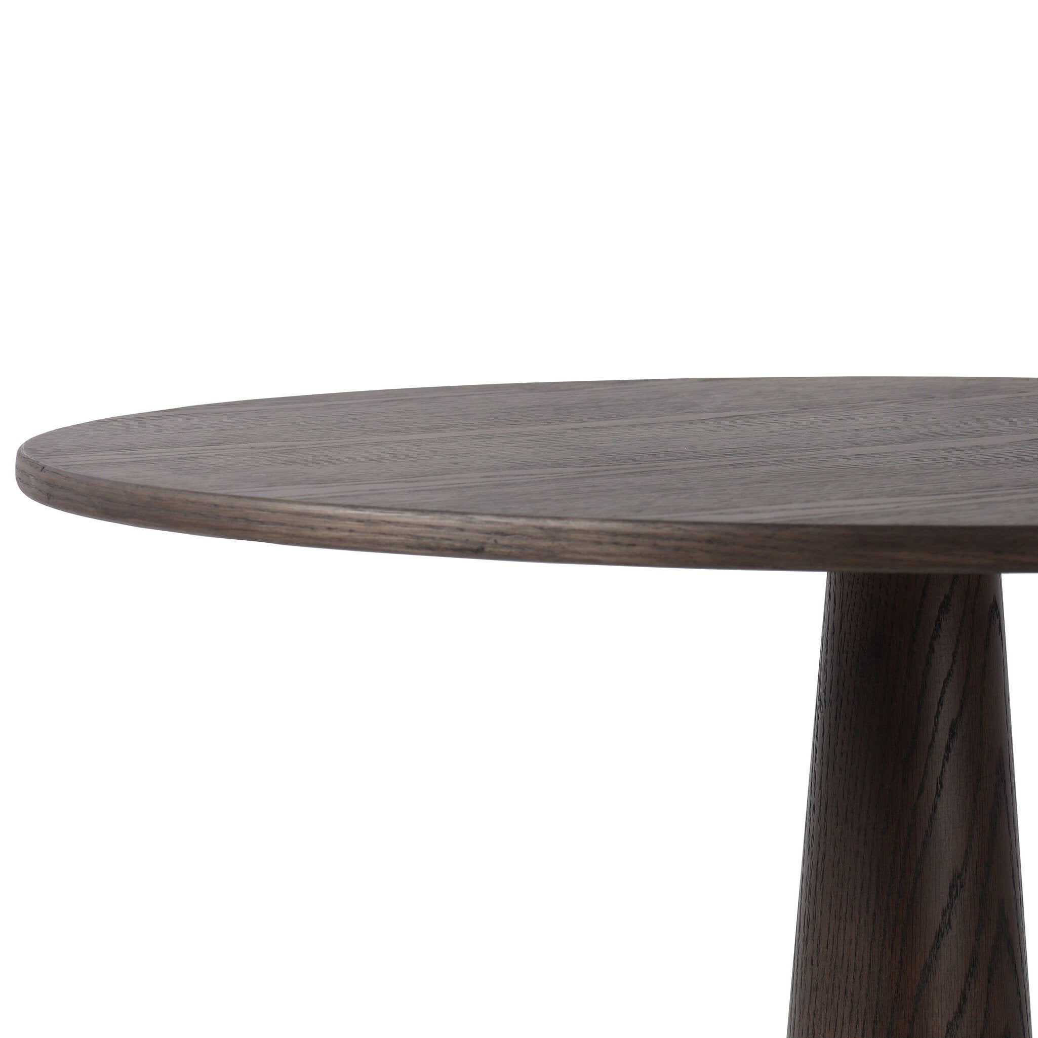 Dark wooden round cocktail style table on a white background.