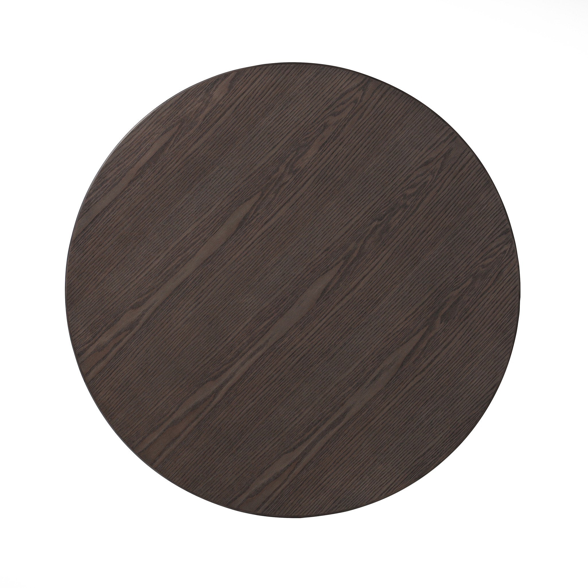 Overhead view of a dark wooden round cocktail style table on a white background.