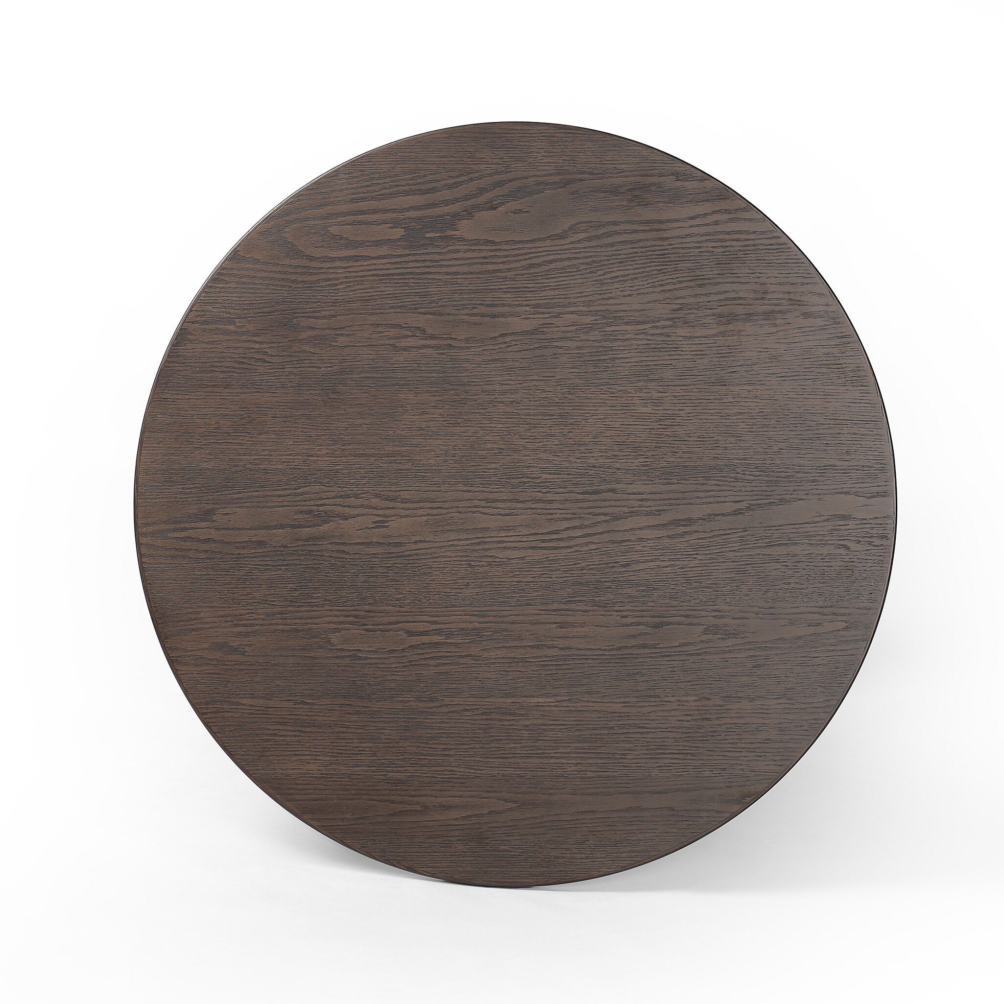 Overhead view of a round wooden bistro table with a dark brown base on a white background.