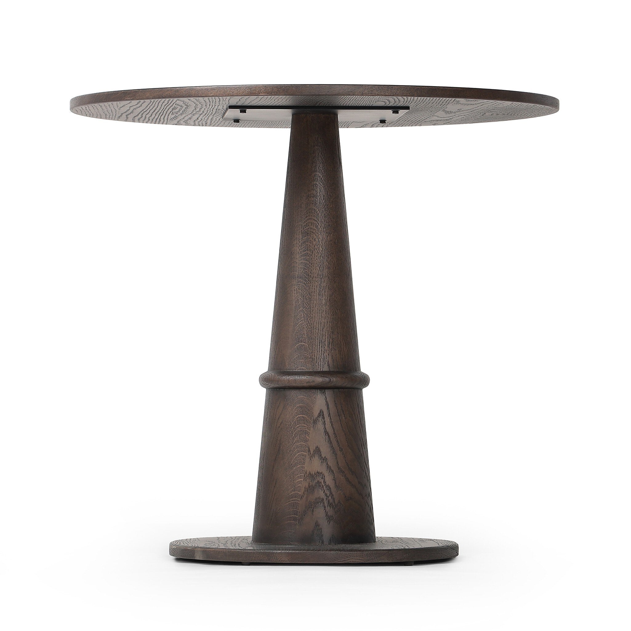 A round wooden bistro table with a dark brown base on a white background.