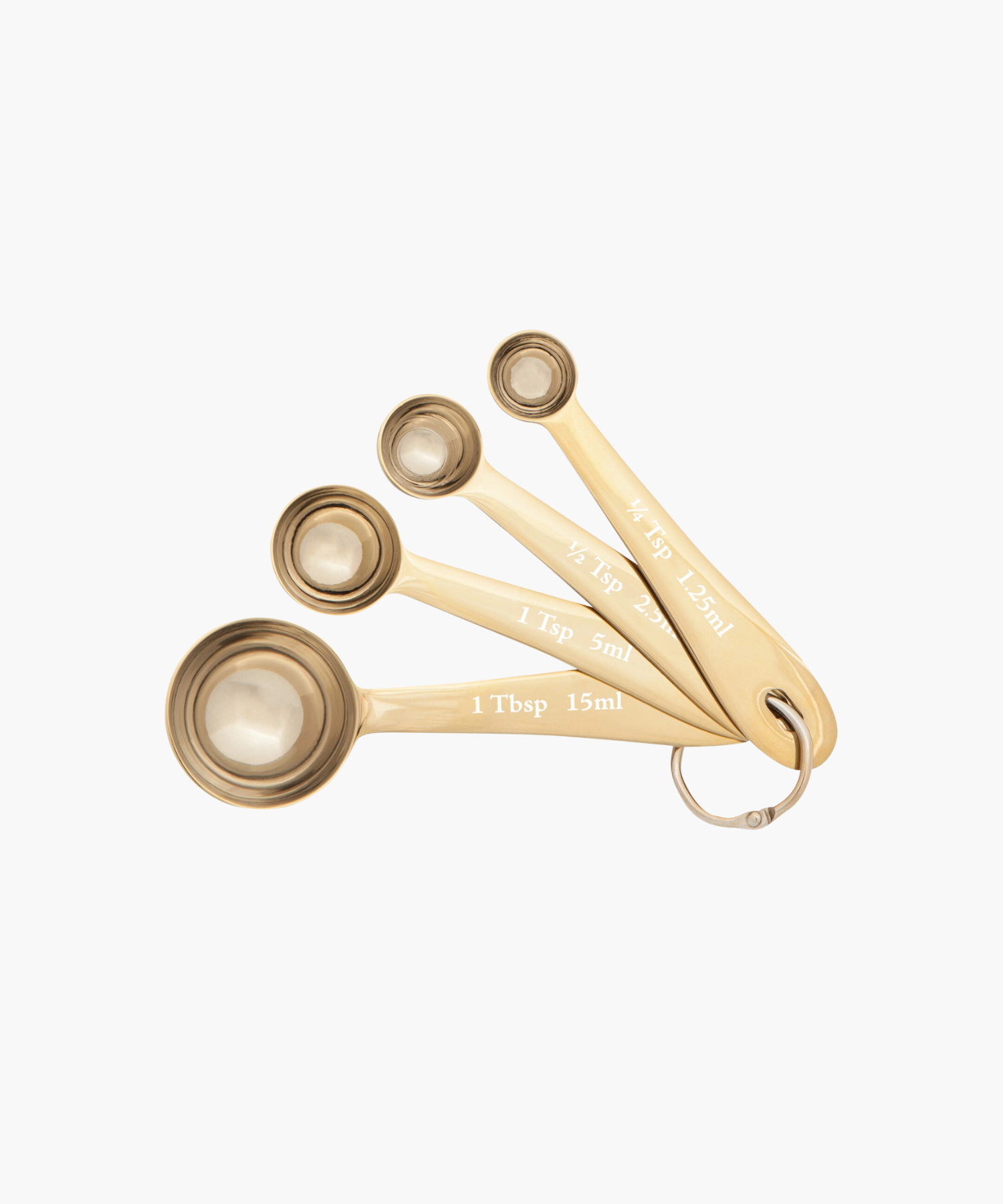 Four nested gold measuring spoons are attached by a metal ring, labeled with measurements: 1 Tbsp, 1 Tsp, 1/2 Tsp, and 1/4 Tsp, conveying precision. | Wildwood Home Co.