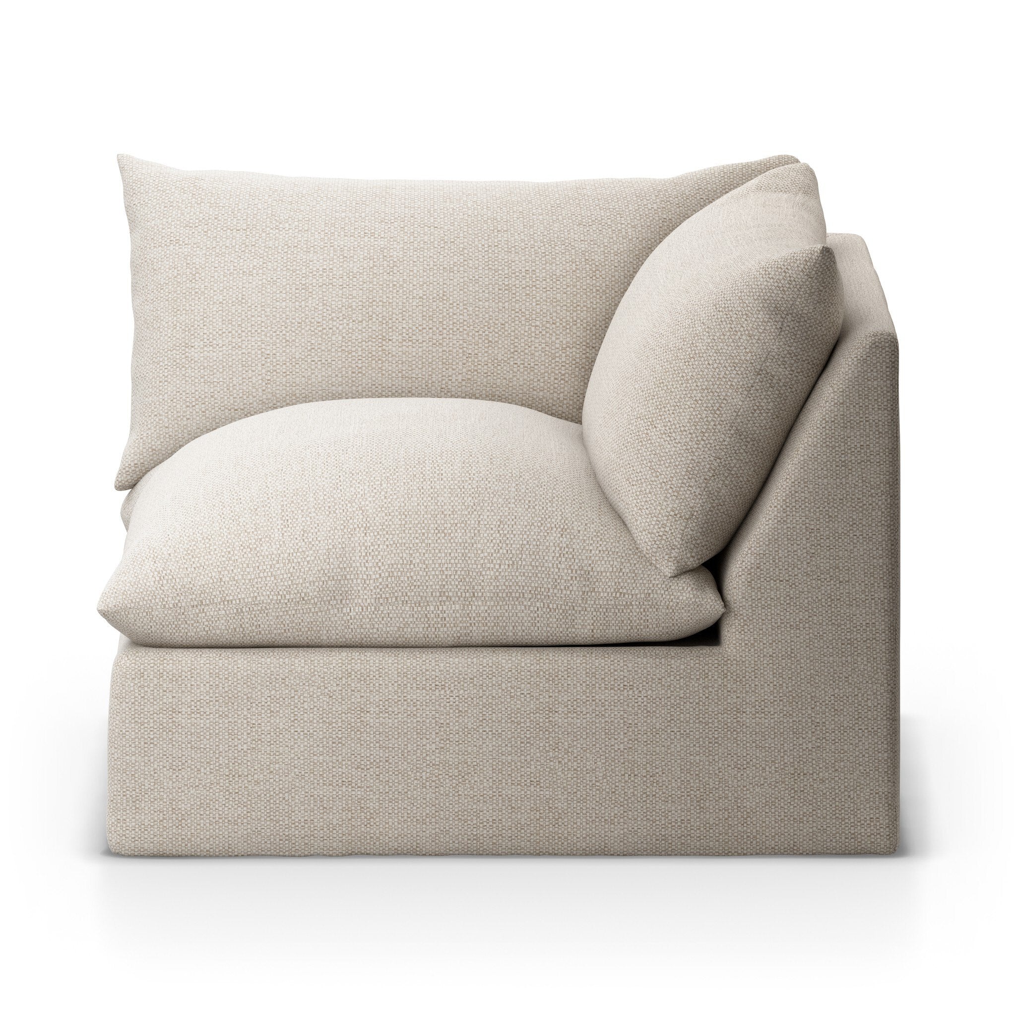 The corner section of a beige slipcover outdoor sofa on a white background.