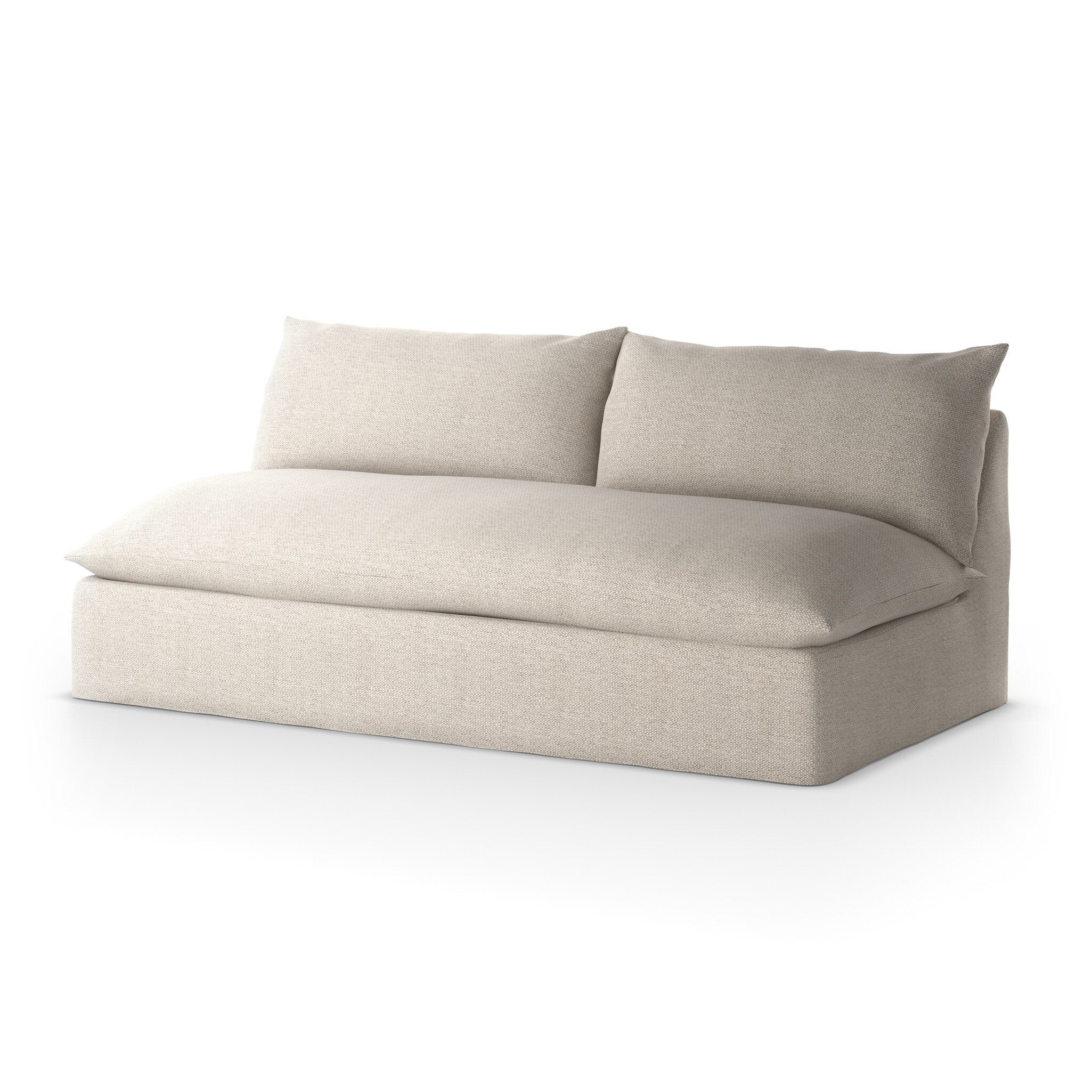 Beige slipcover outdoor sofa on a white background.
