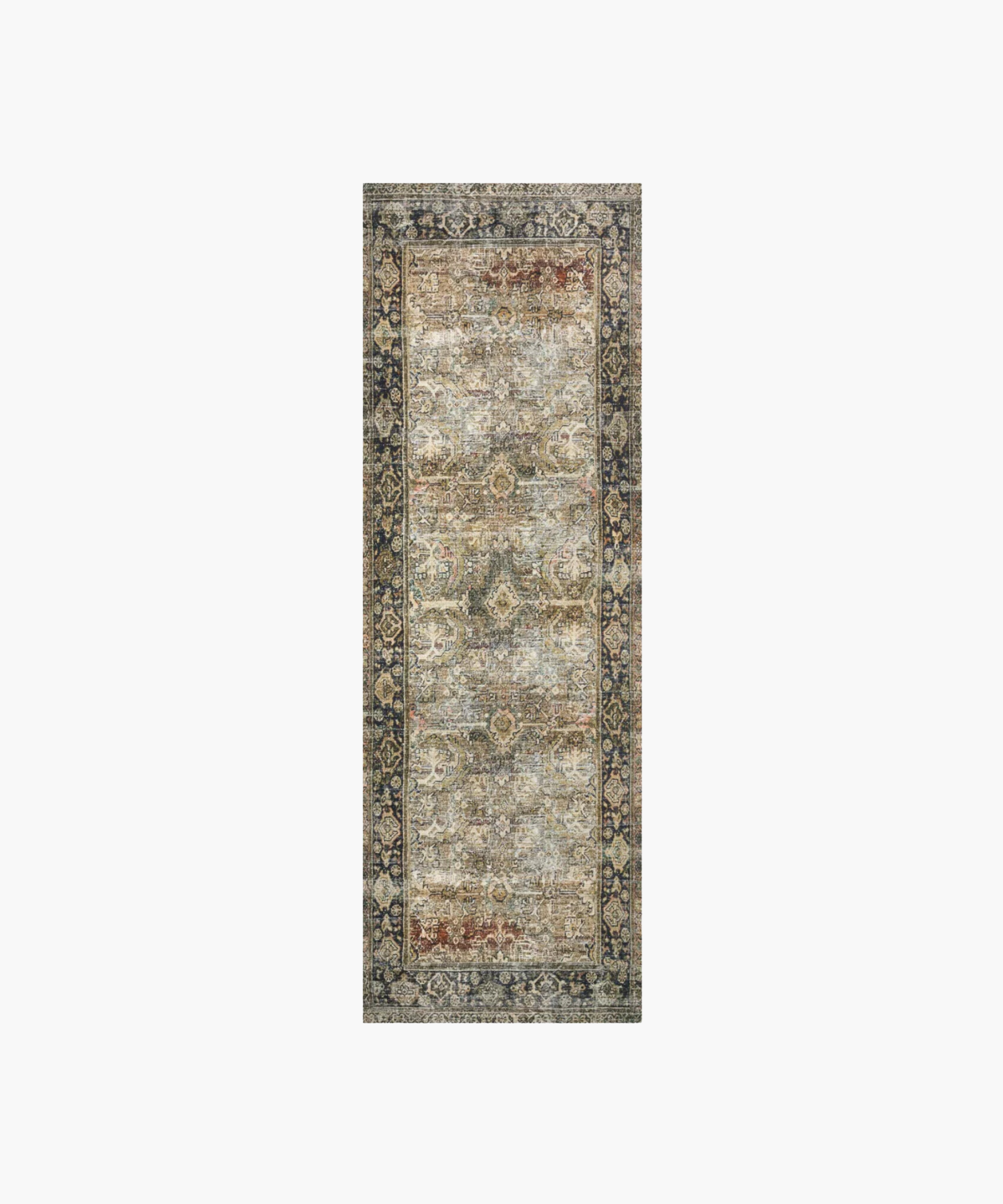 An antique-style runner with intricate floral and geometric patterns in muted earth tones, surrounded by a decorative border, creating an elegant vintage look.
