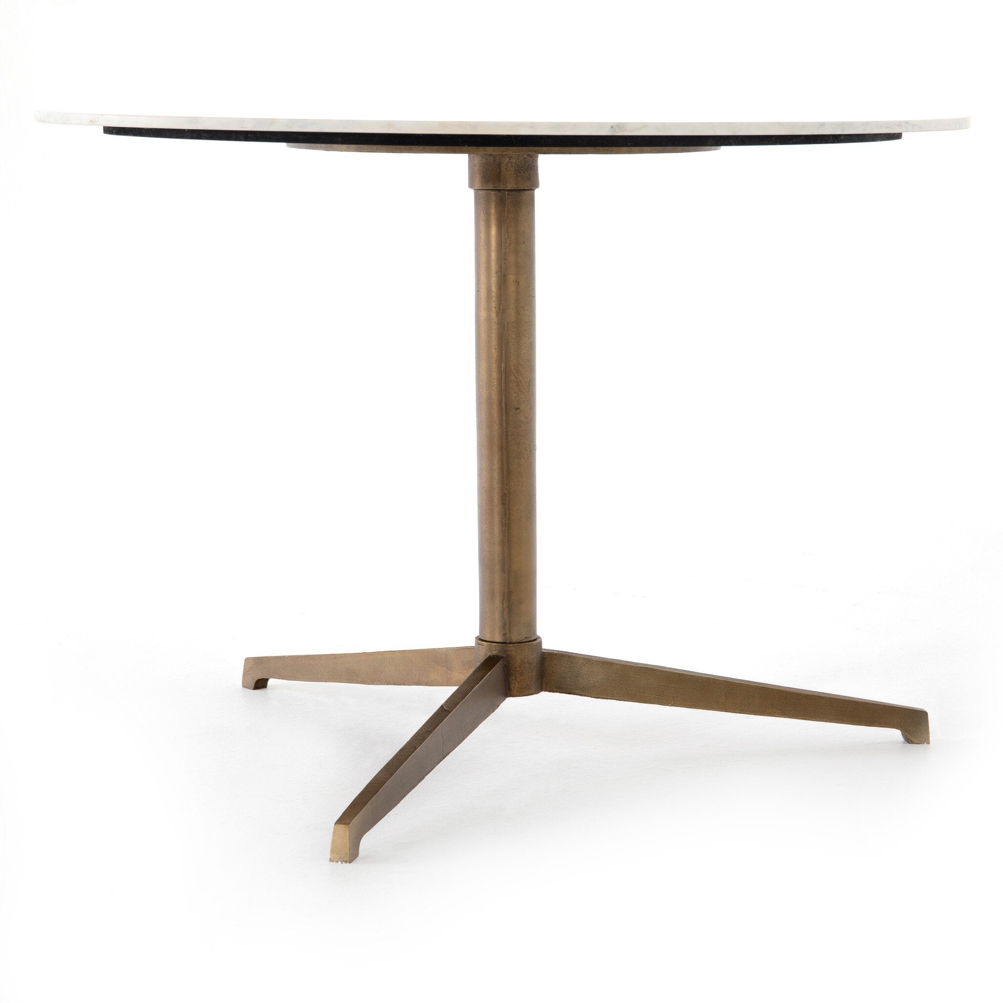 Round bistro table with marble top and bronze base on a white background.