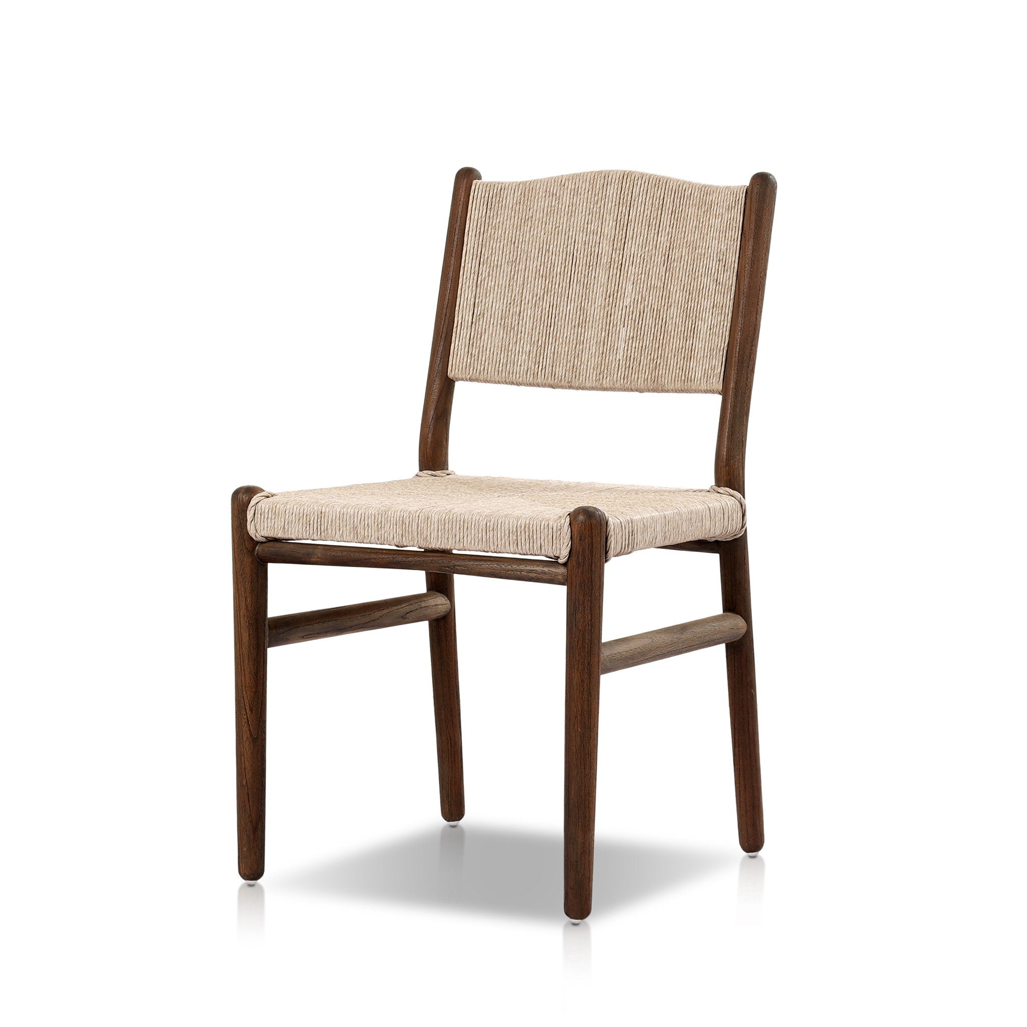 Shaker style outdoor dining chair with a dark brown wood frame and light brown woven seat and back on a white background. | Wildwood Home Co.