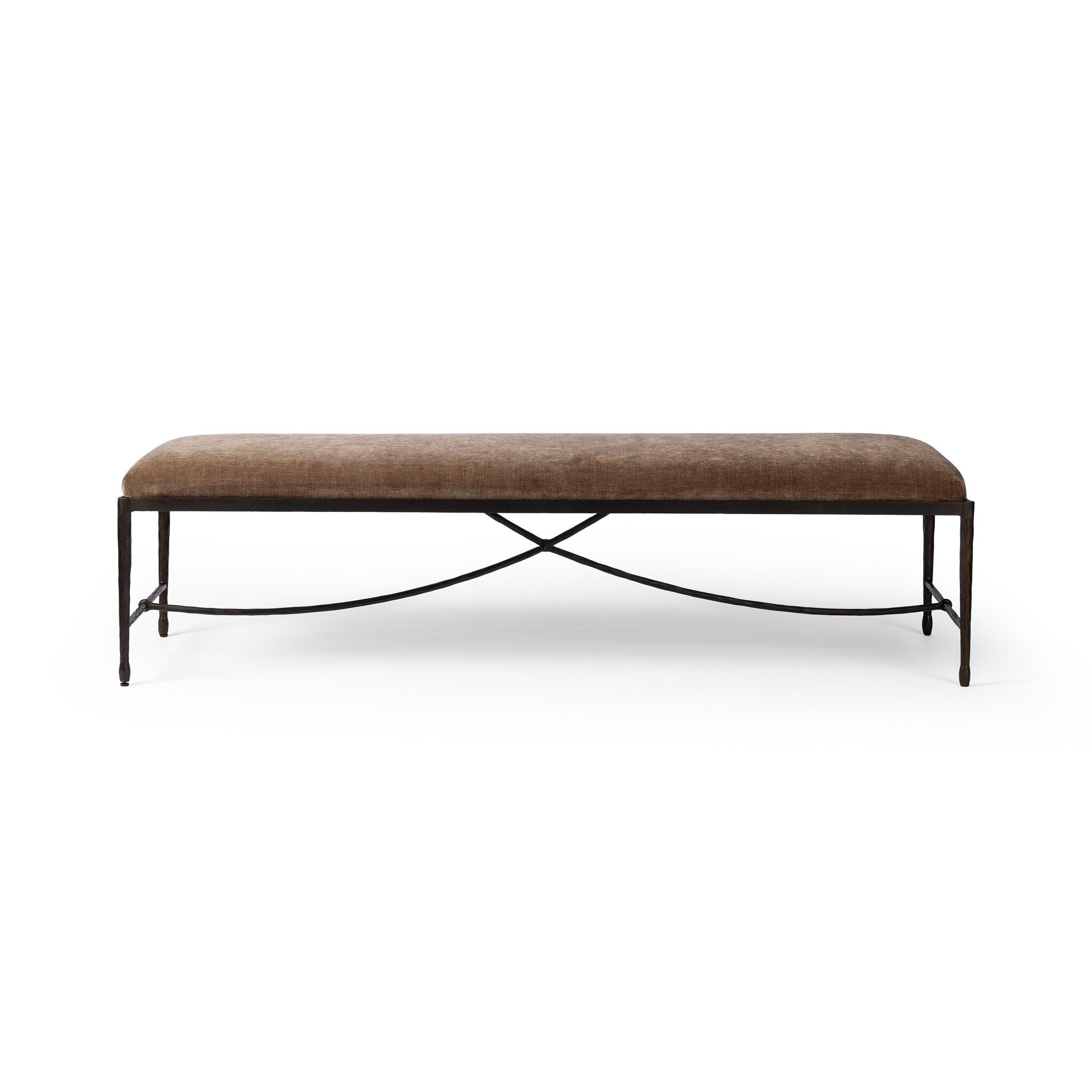 Brown upholstered bench with black metal frame on a white background. | Wildwood Home Co.