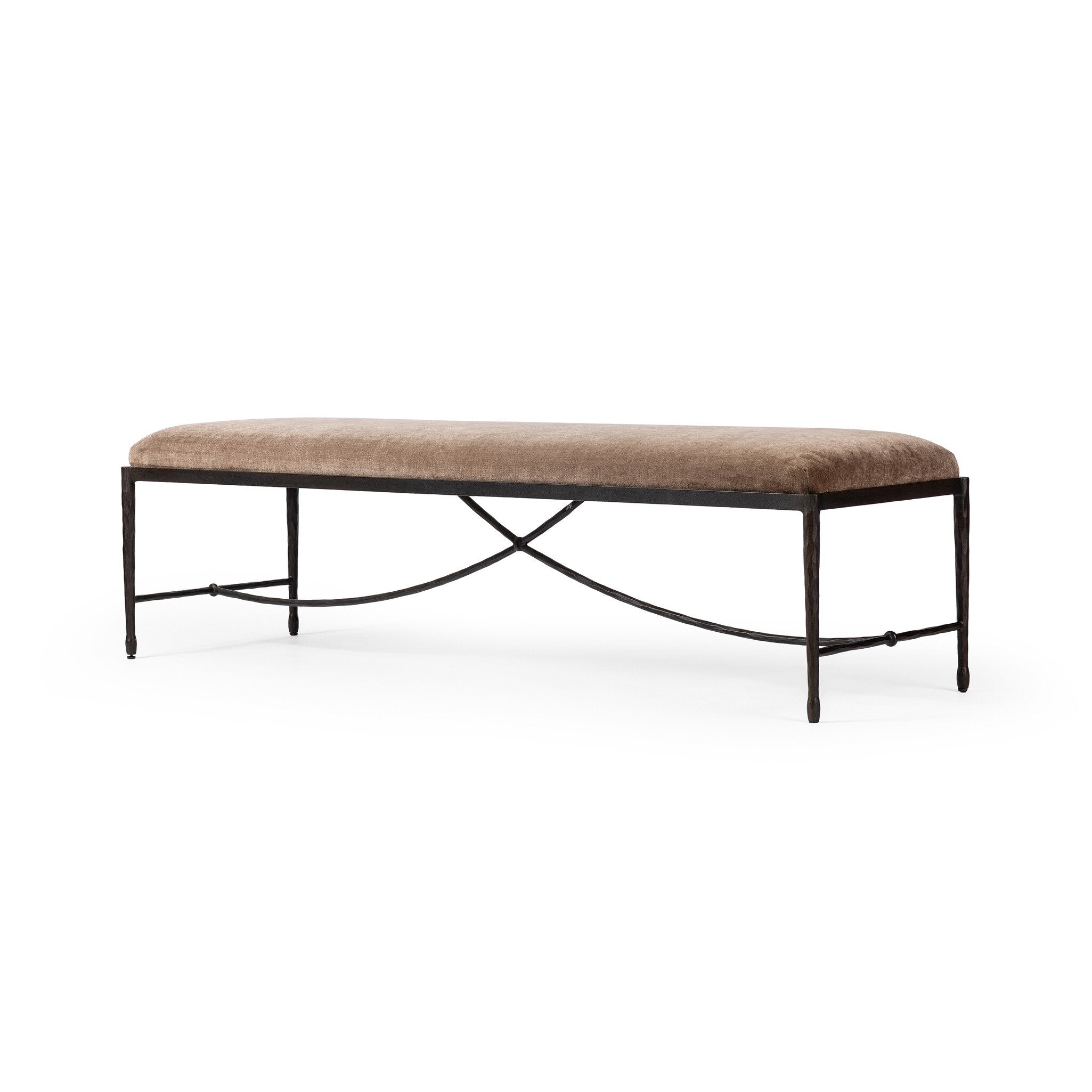 Brown upholstered bench with black metal frame on a white background.