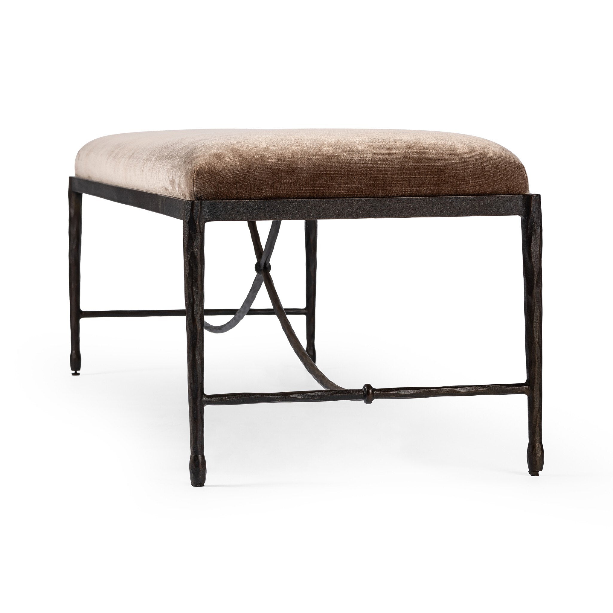 Brown upholstered bench with black metal frame on a white background.