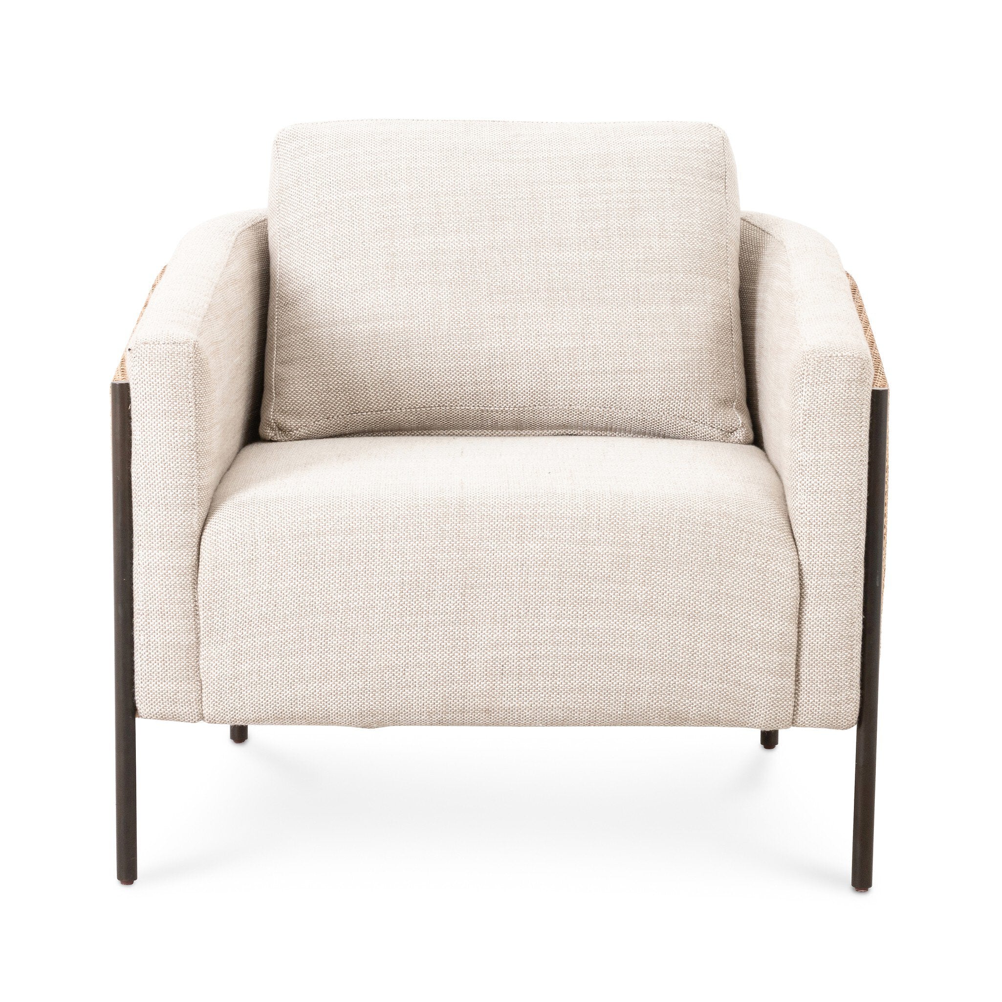 Beige armchair with dark metal legs on a white background. | Wildwood Home Co.
