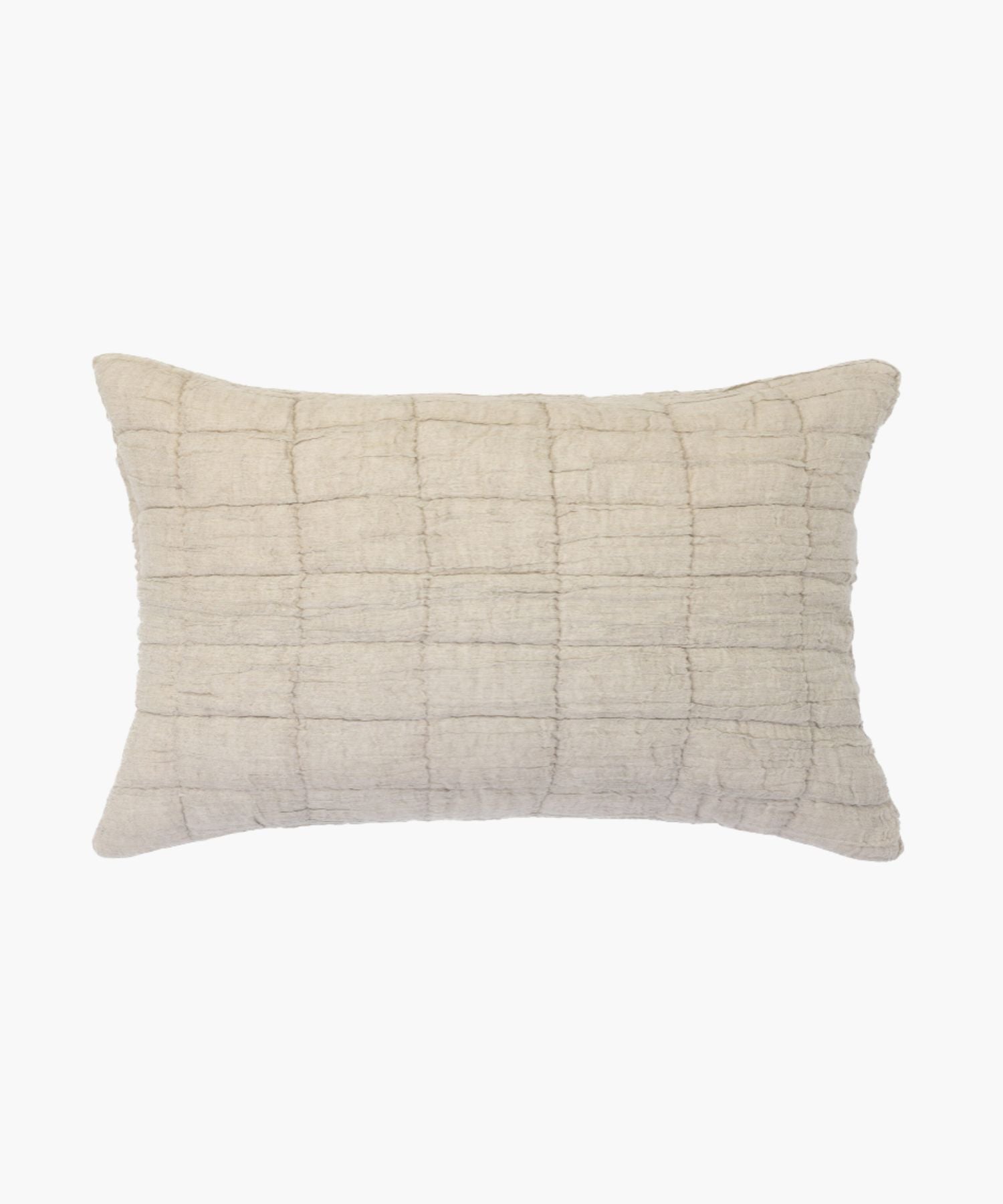 Rectangular beige cotton-linen sham with puckered gauzy texture and subtle block quilting.