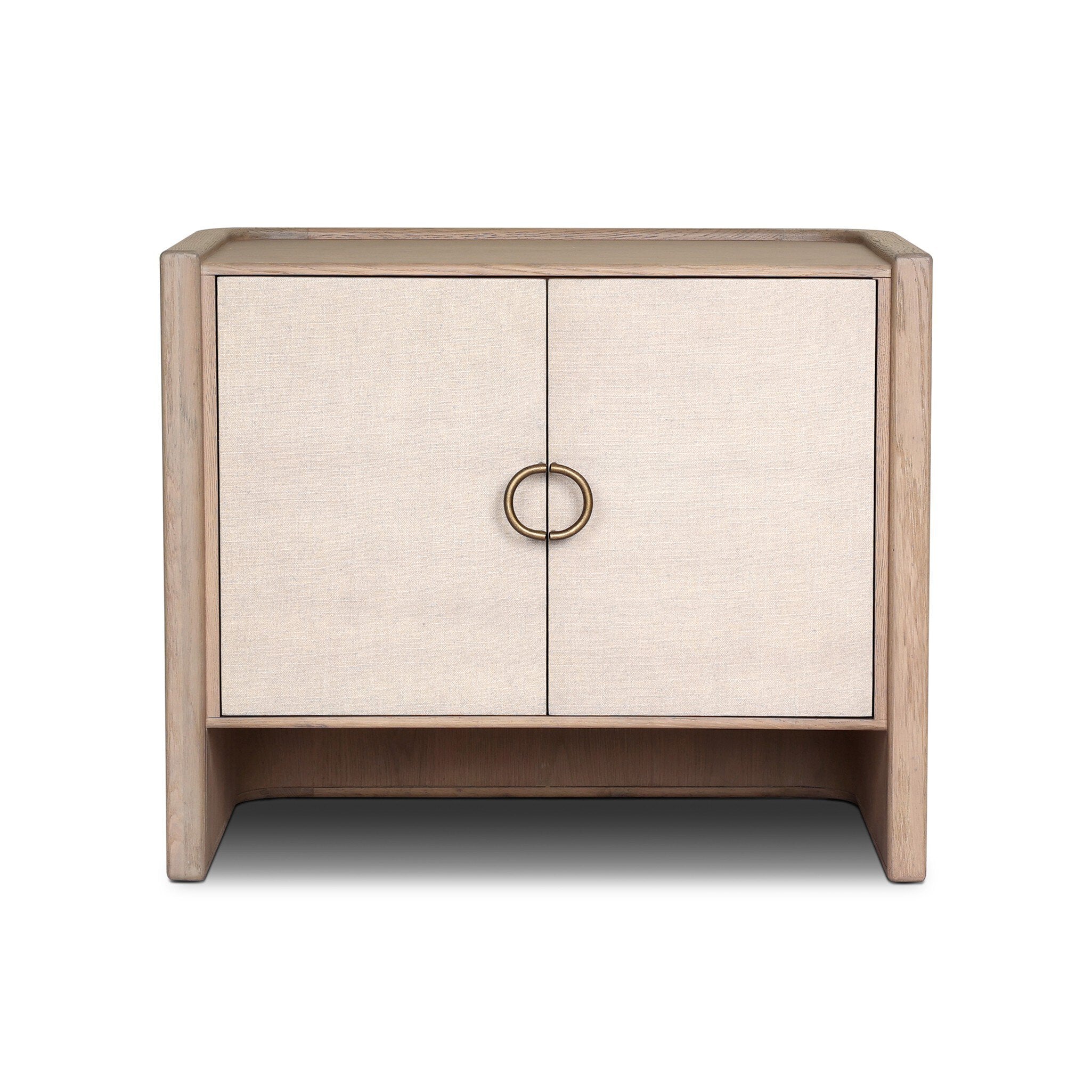 Small cabinet style nightstand with two doors and split circle hardware on a white background. | Wildwood Home Co.