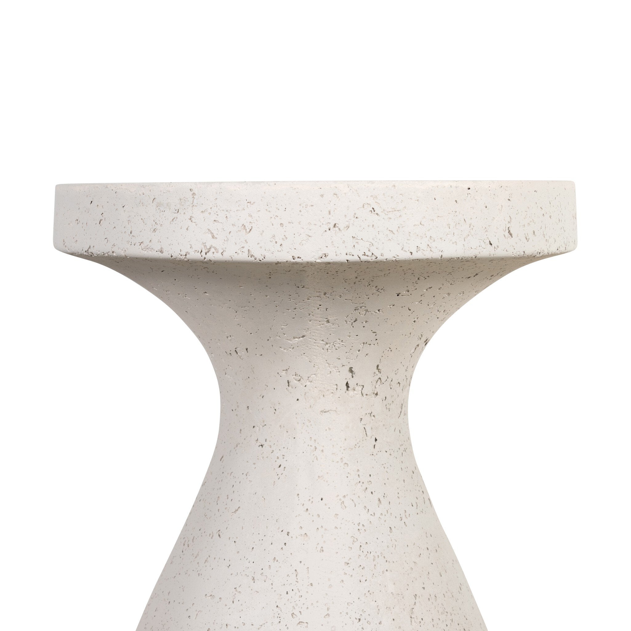 Concrete end table with a hourglass style base and a round top on a white background.