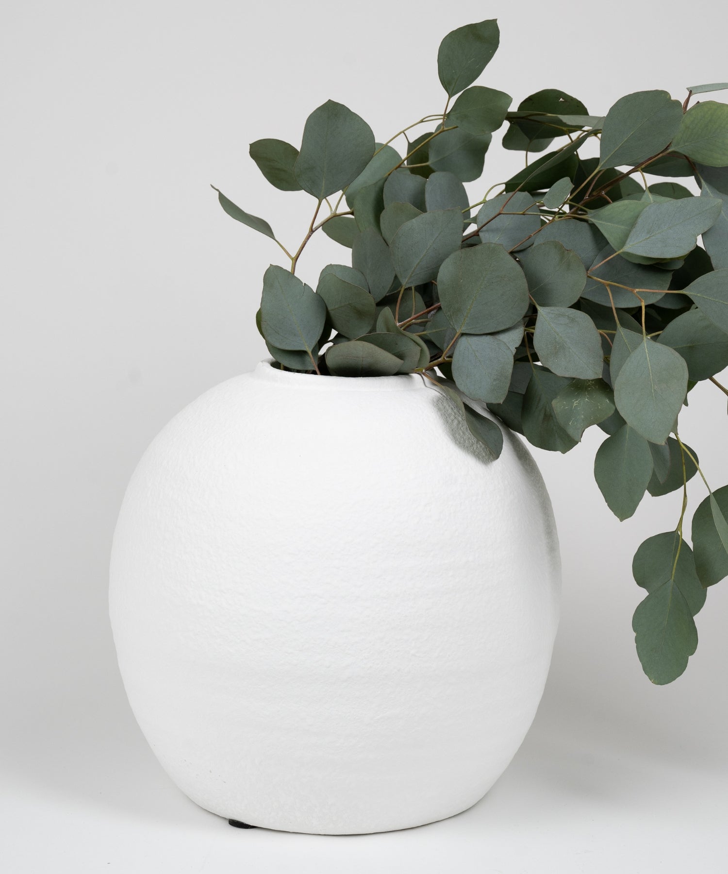 A round bellied cement vase with a textural white matte finish styled with greenery. | Wildwood Home Co.