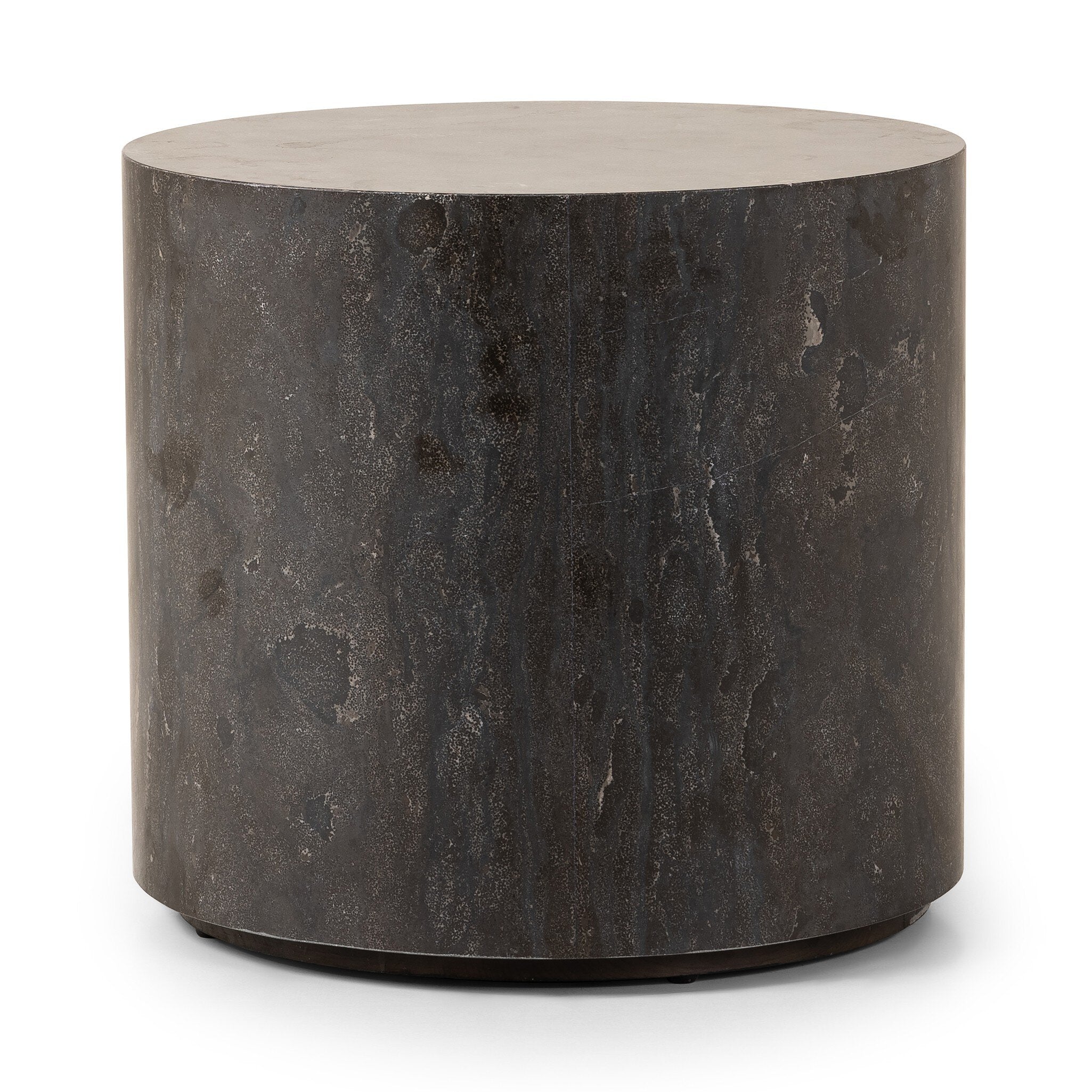Cylinder-shaped bluestone end table with a textured surface on a white background. | Wildwood Home Co.