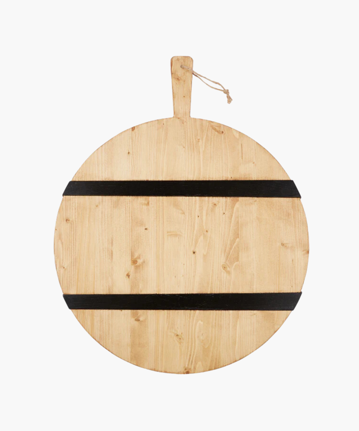 A round wooden cutting board with a handle and rope for hanging. It has two black horizontal stripes across its natural wood grain surface.
