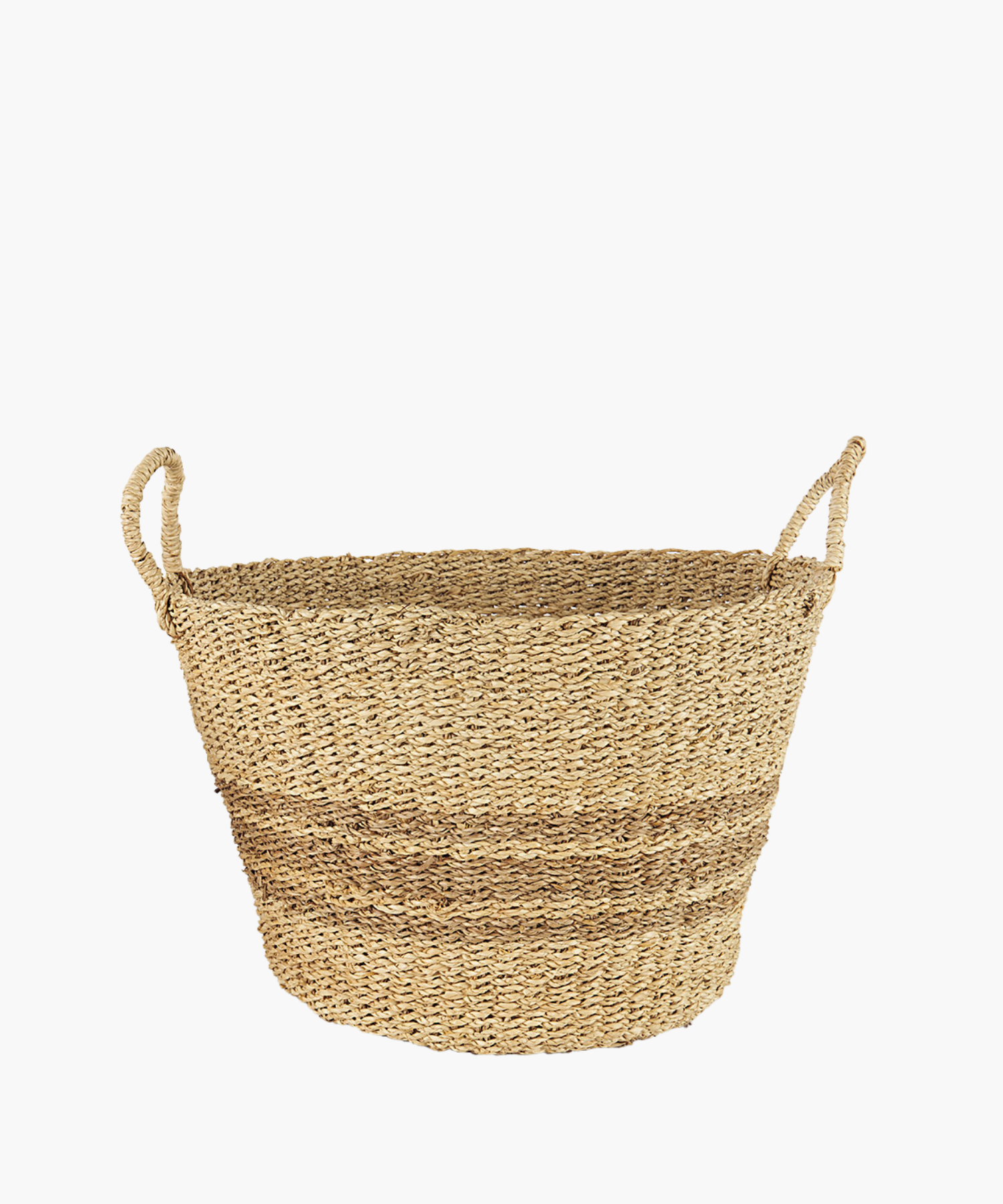 Large woven seagrass basket in a natural and brown tone with two loop handles and subtle striped accents The basket has a simple, rustic design, featuring a slightly flared rim. | Wildwood Home Co.