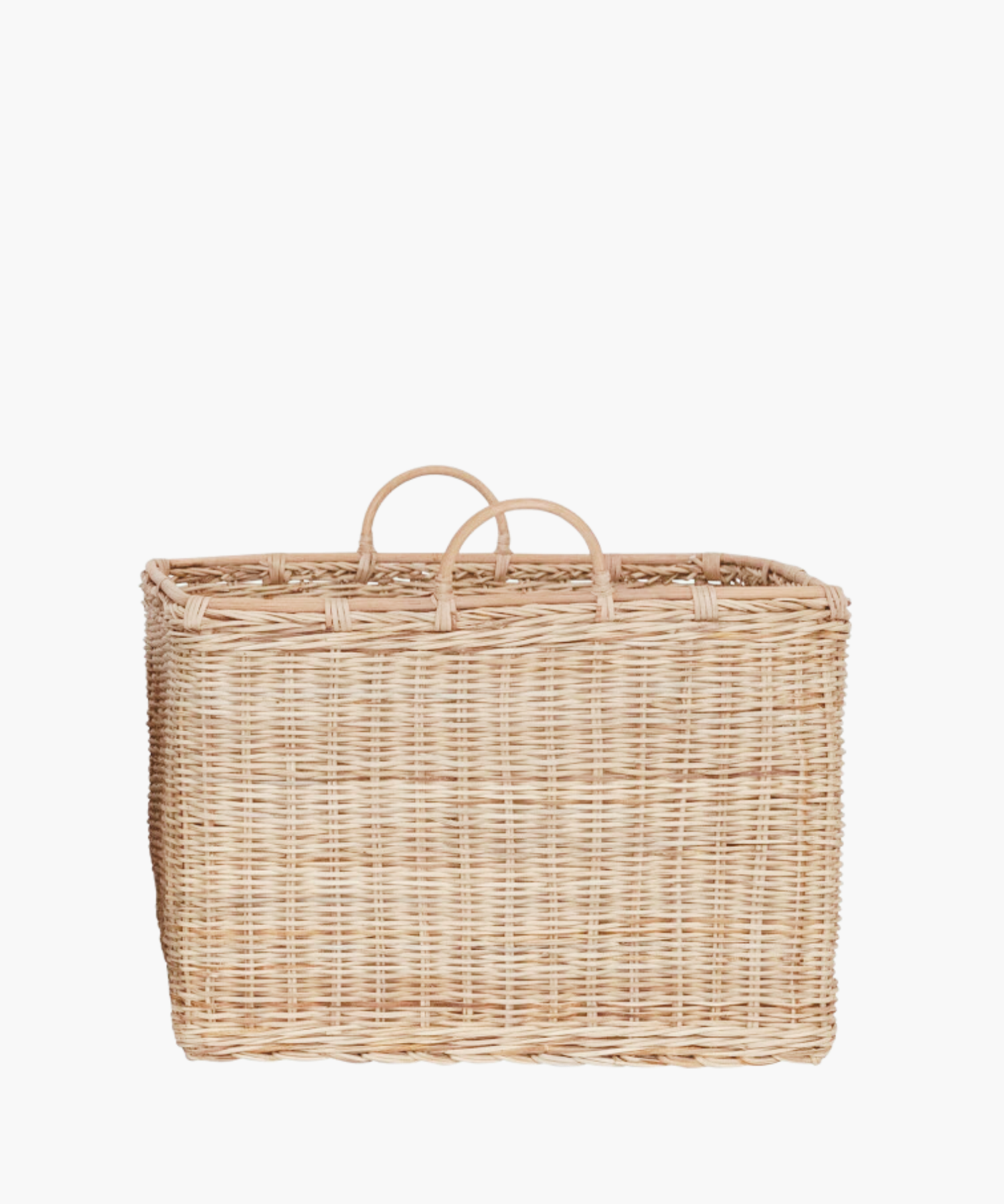 A large, square rattan basket with two rounded handles in a natural finish. The light brown weaving creates an earthy, natural look suitable for storage or decor. | Wildwood Home Co.
