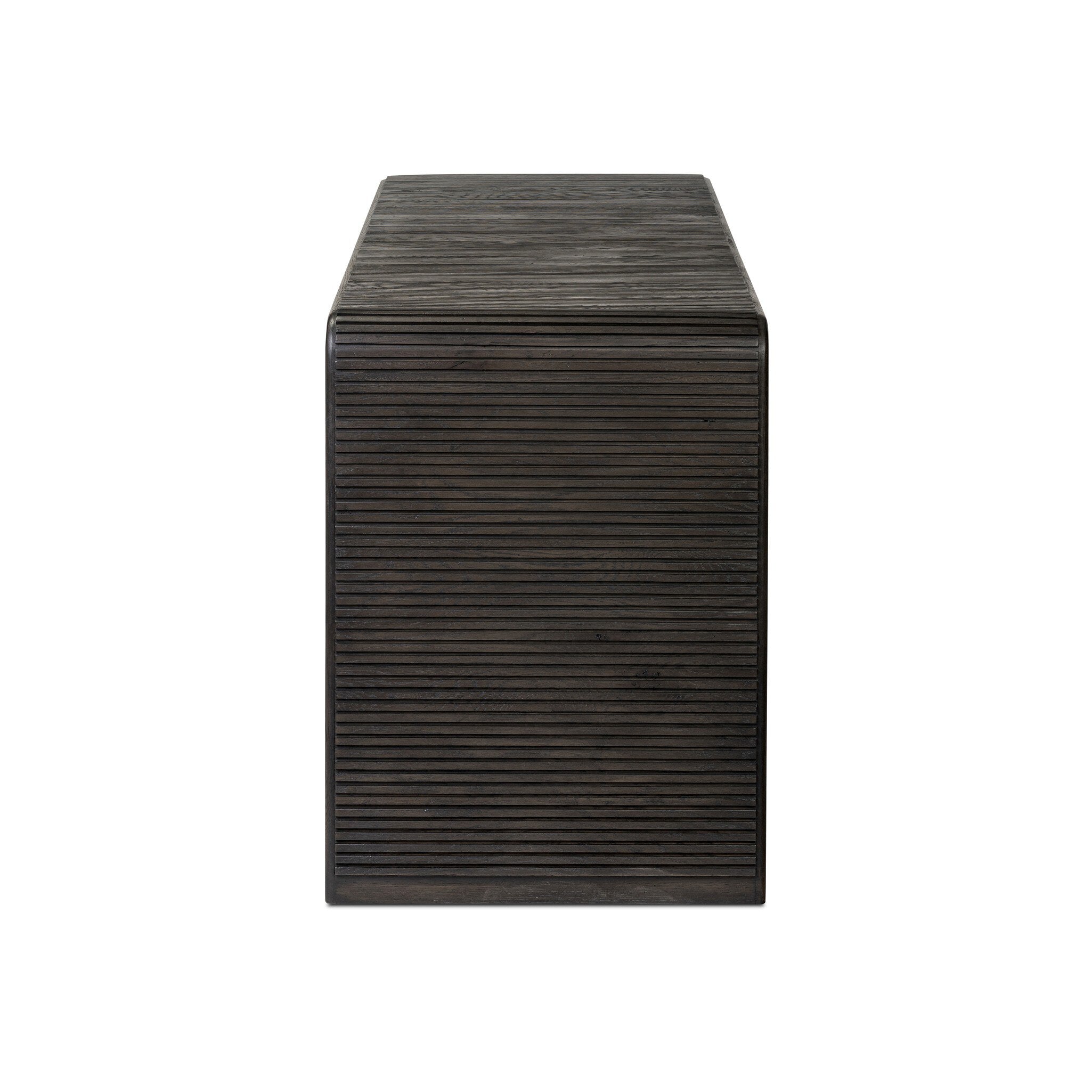 Side profile of a smoked black oak console table with reeding and rounded edges on a white background.