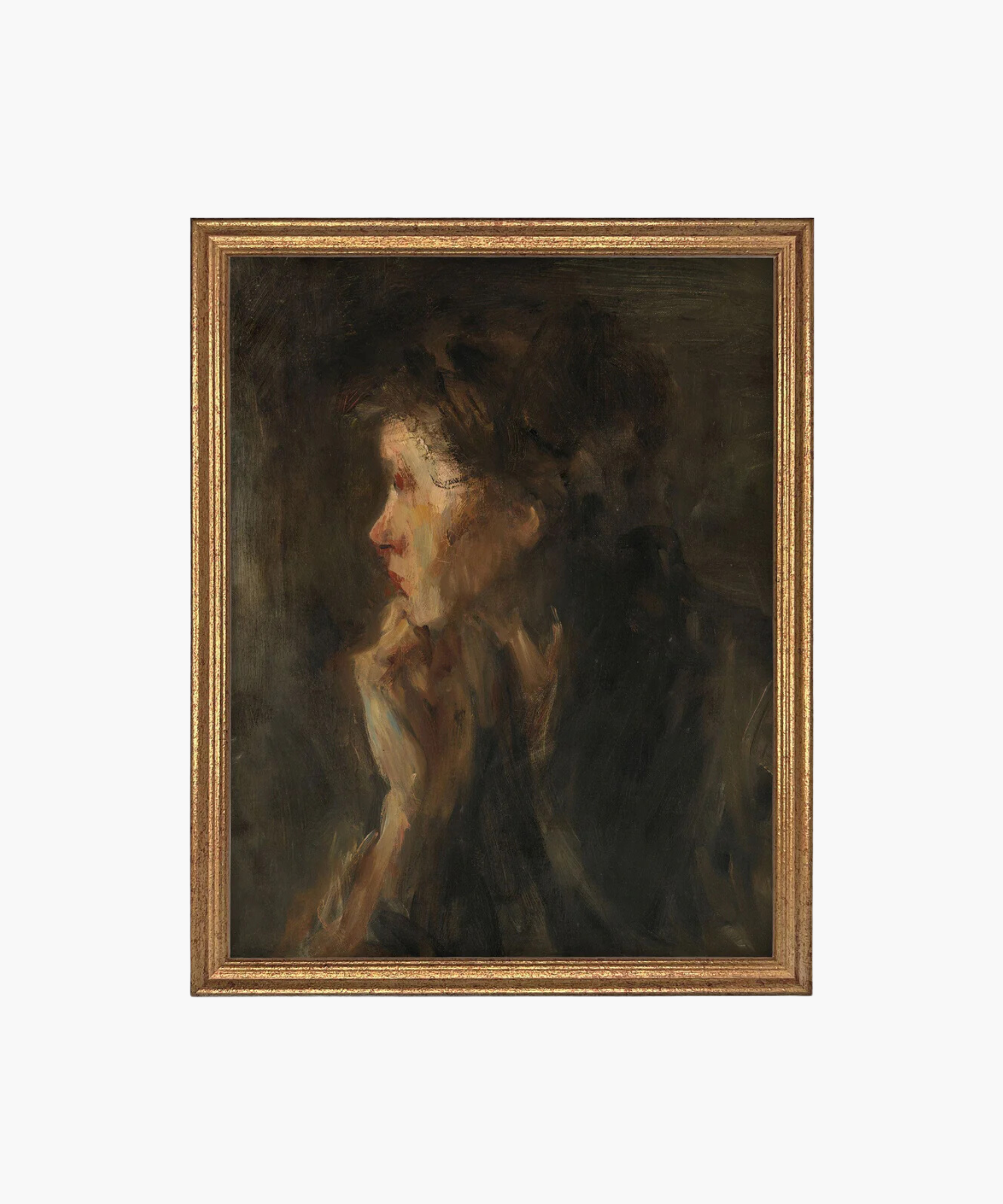 A moody oil painting of a woman's side profile in dark tones. Her thoughtful expression is emphasized by soft brushstrokes, set in a golden frame. | Wildwood Home Co.