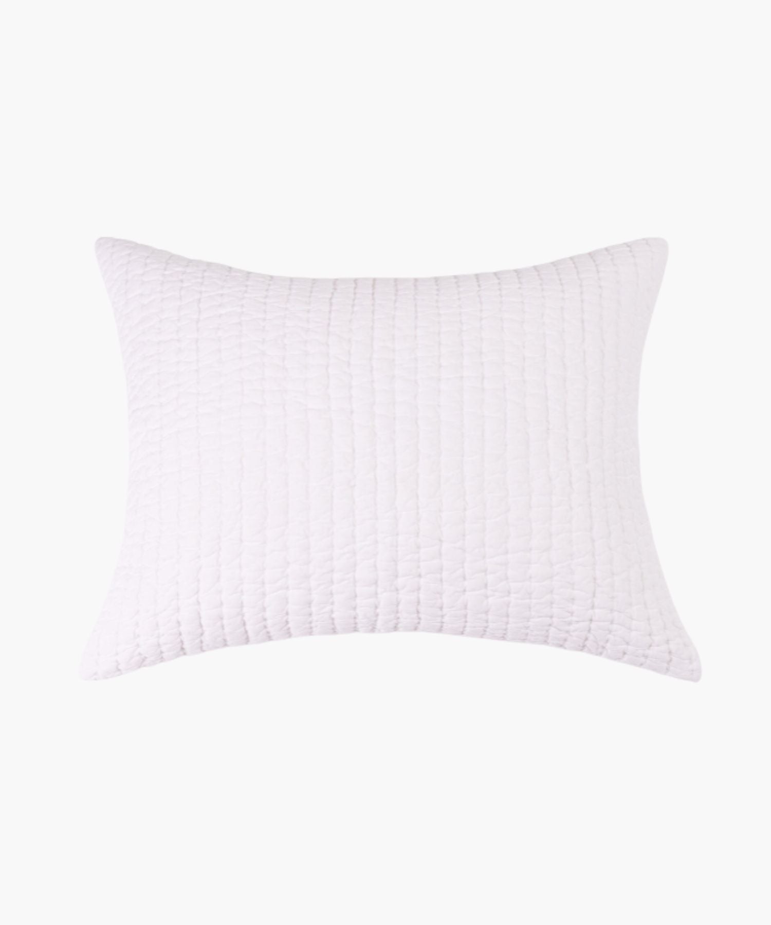 Flat lay of a Maegan Sham in white, featuring detailed hand Kantha quilting across the surface and a lightweight cotton voile finish. | Wildwood Home Co.