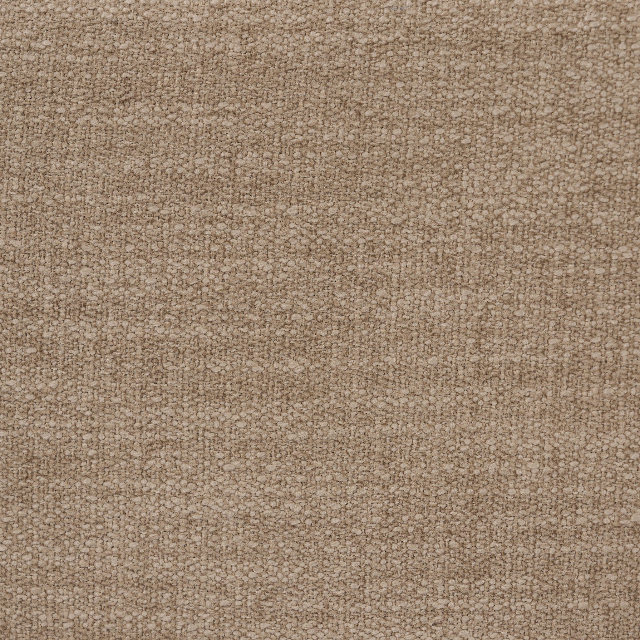 Close up of a taupe upholstered bed with white bedding on a white background.