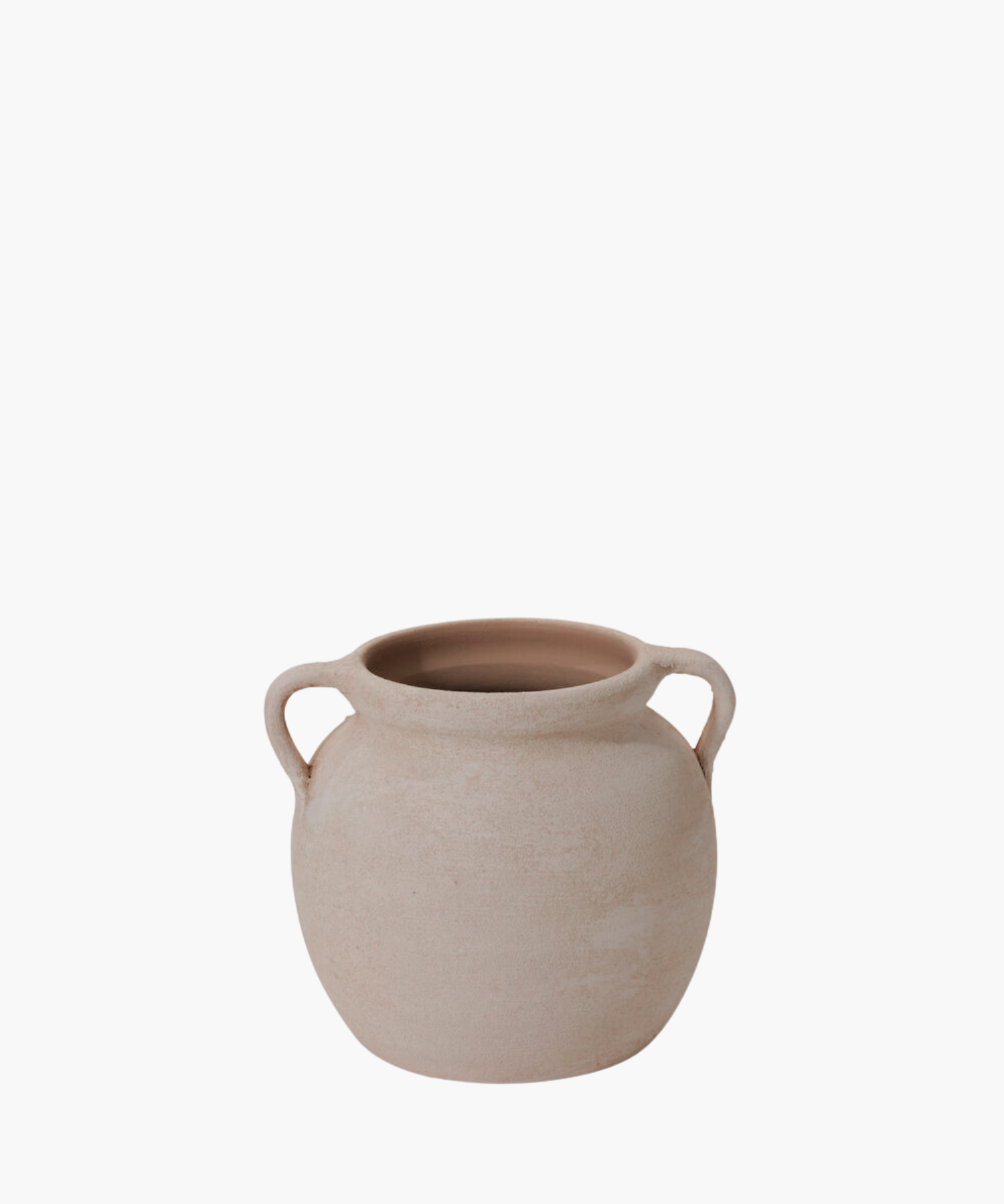 A rustic, beige clay pot with two handles and a wide opening. The surface is textured, conveying an earthy, handmade feel. The tone is simple and organic. | Wildwood Home Co.