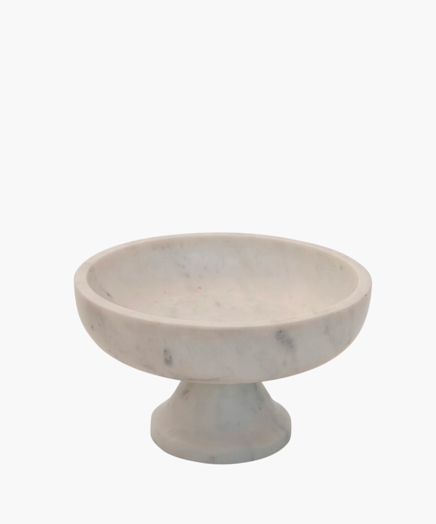 A round, white marble pedestal bowl with a smooth surface and subtle gray veining. The elegant, minimalist design conveys a modern, sophisticated tone. | Wildwood Home Co.