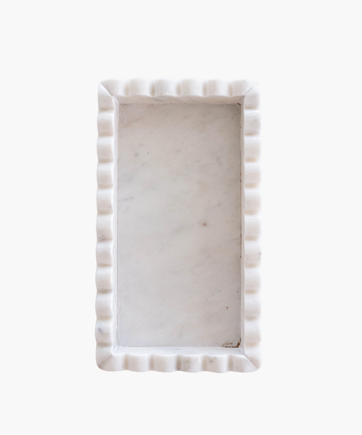 Rectangular marble tray with a scalloped border. The polished surface has a smooth texture, giving it an elegant and minimalist appearance.