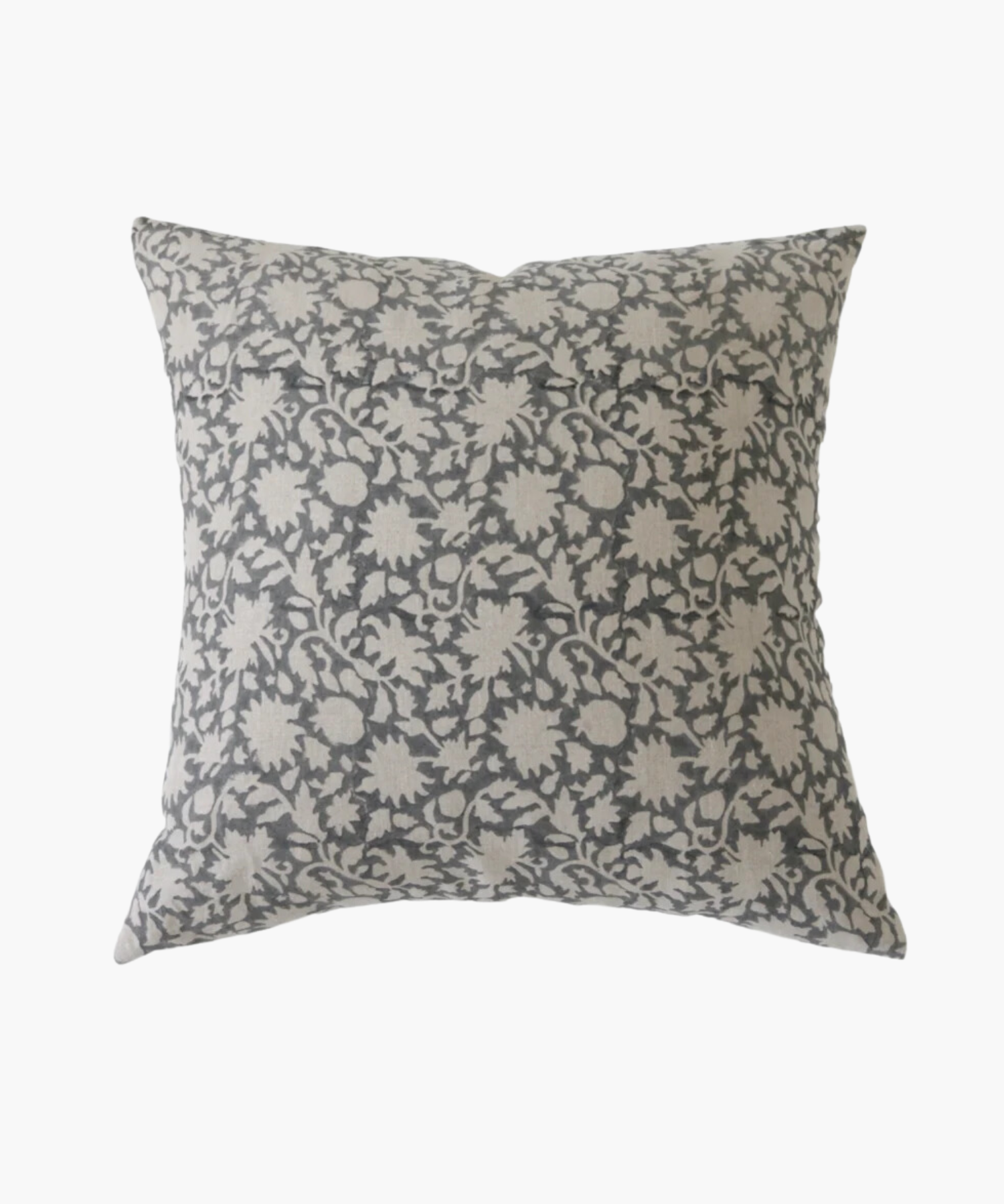 A square pillow features a floral pattern with beige flowers and vines on a gray background. It conveys a classic and elegant aesthetic. | Wildwood Home Co.