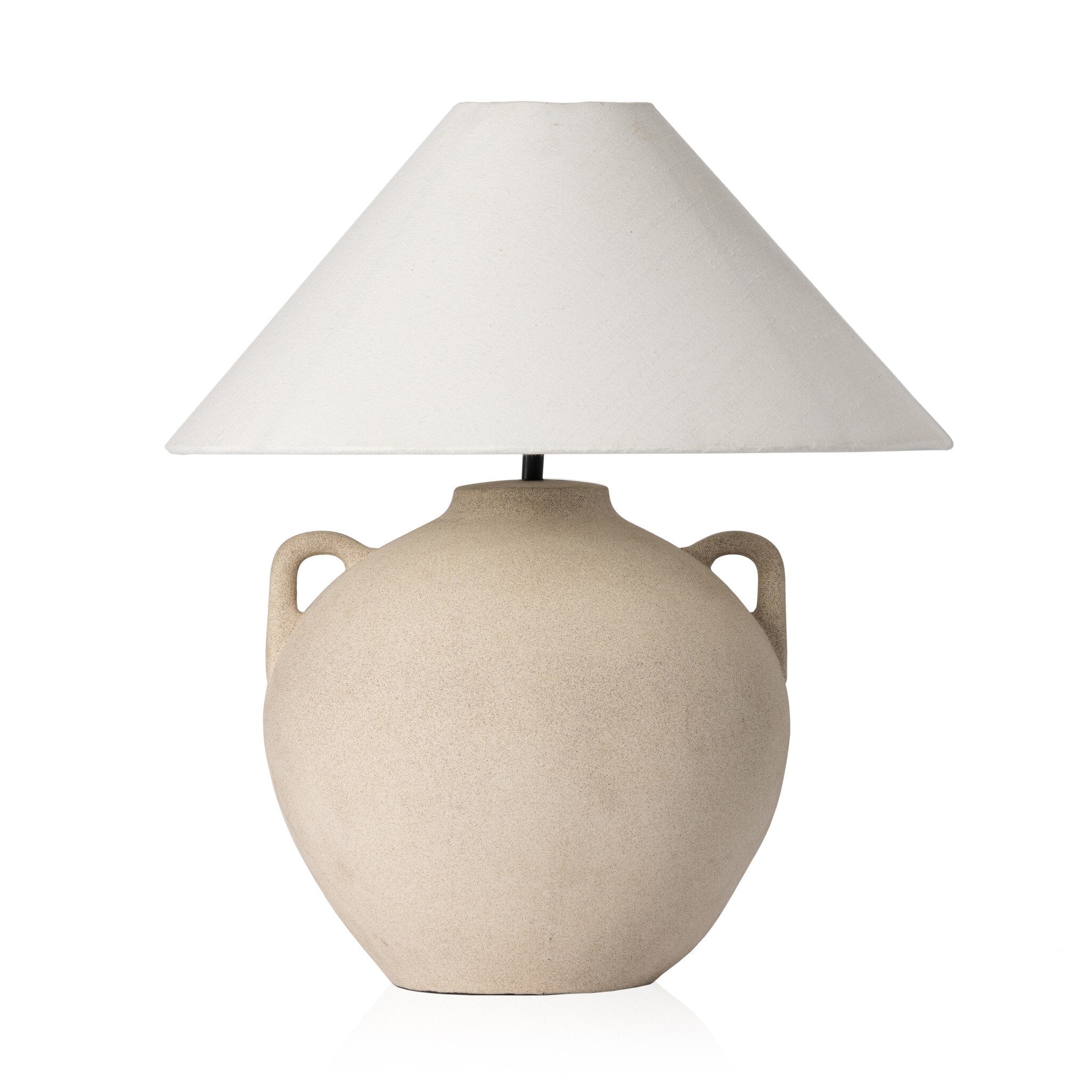 Beige ceramic table lamp with an ivory lampshade on a white background. | Wildwood Home Co.