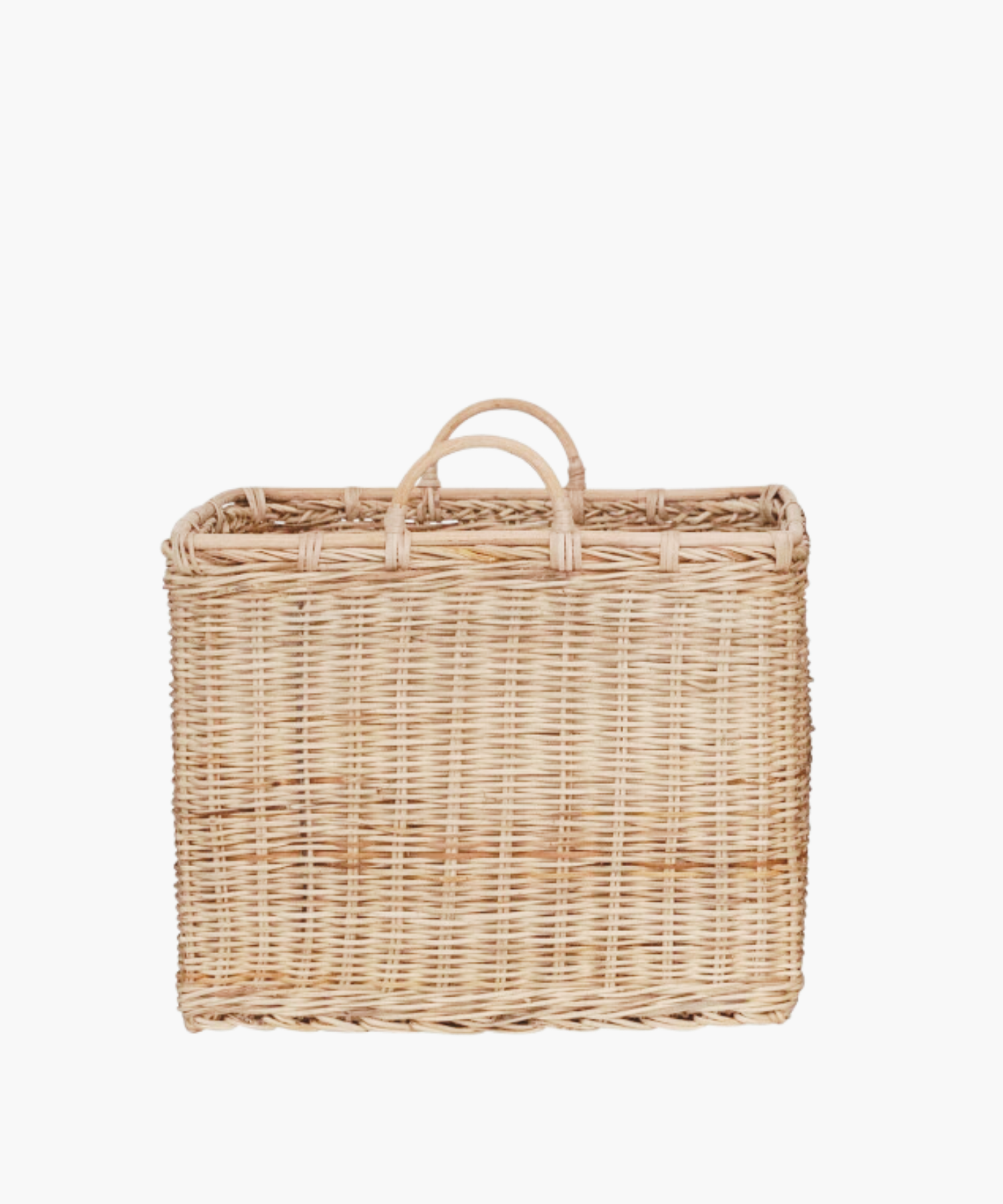 A medium, square rattan basket with two rounded handles in a natural finish. The light brown weaving creates an earthy, natural look suitable for storage or decor.