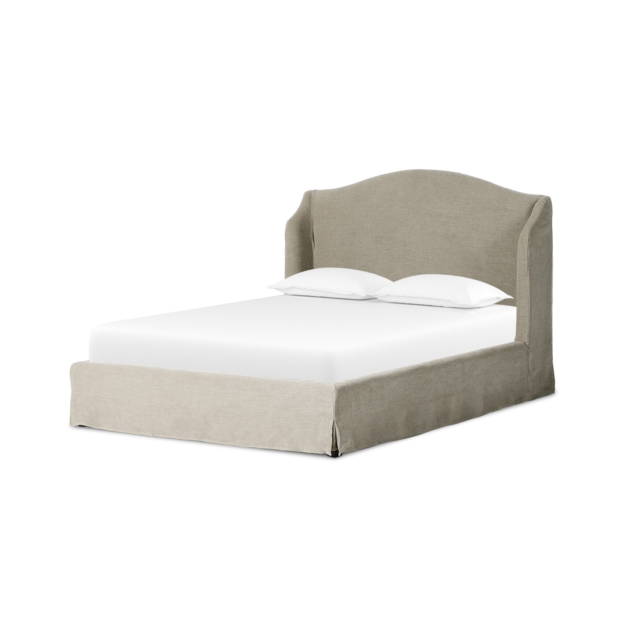 Beige upholstered bed with white bedding on a white background.