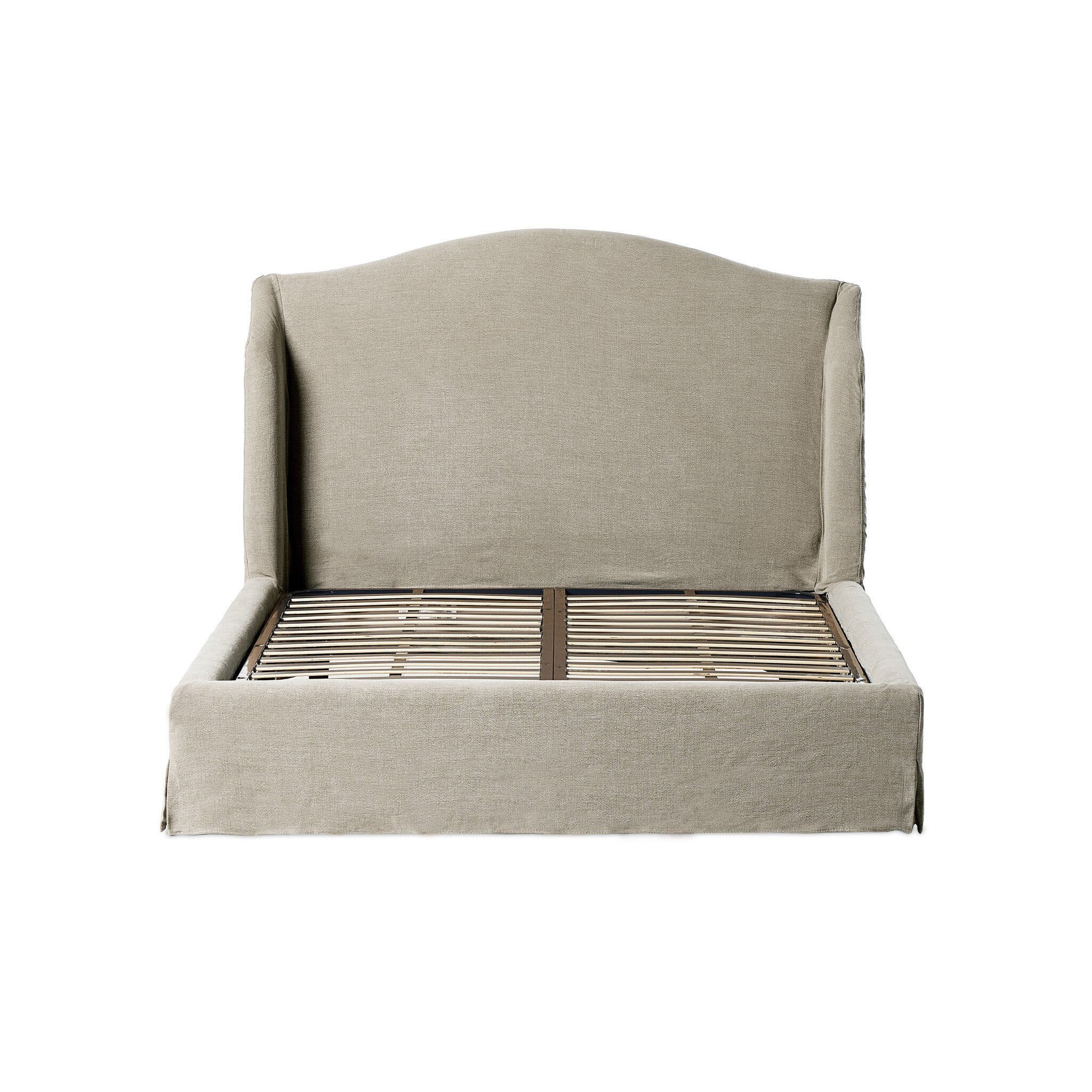Beige upholstered bed with slats on a white background.