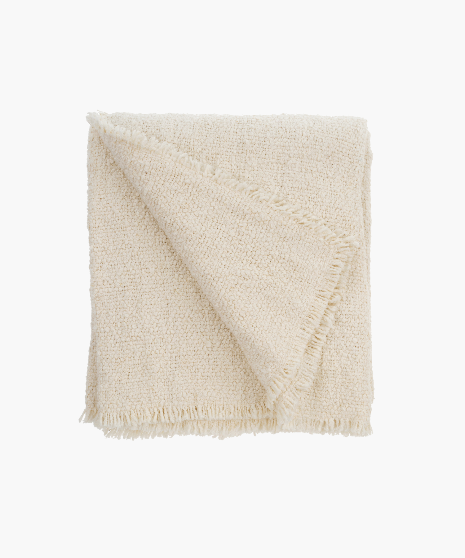 Folded view of the Mia Throw Blanket, featuring a soft boucle texture and fringed edges in a neutral cream tone.