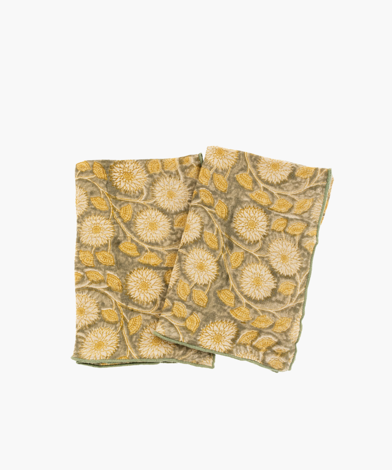 Two folded, vintage-style tea towels with a floral pattern featuring large yellow flowers and leaves on a muted green background. The tone is elegant and cozy. | Wildwood Home Co.
