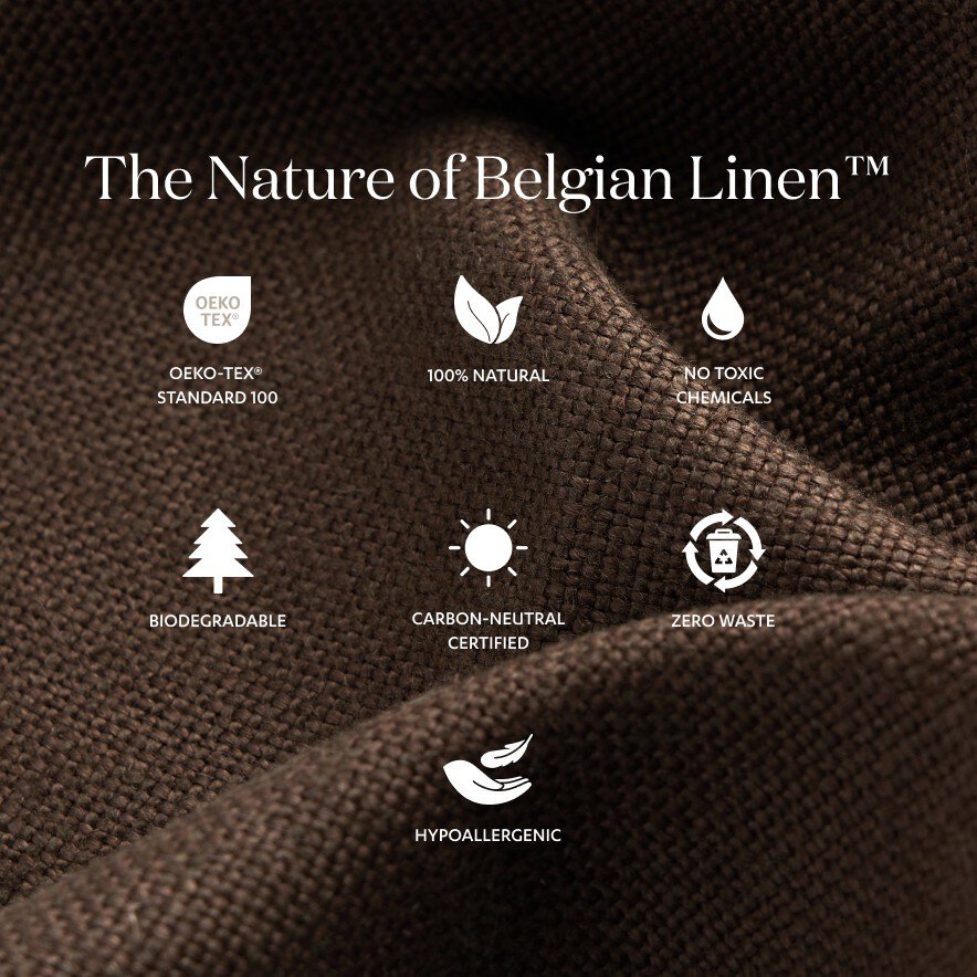 Belgian linen fabric with certification icons and text on a dark background