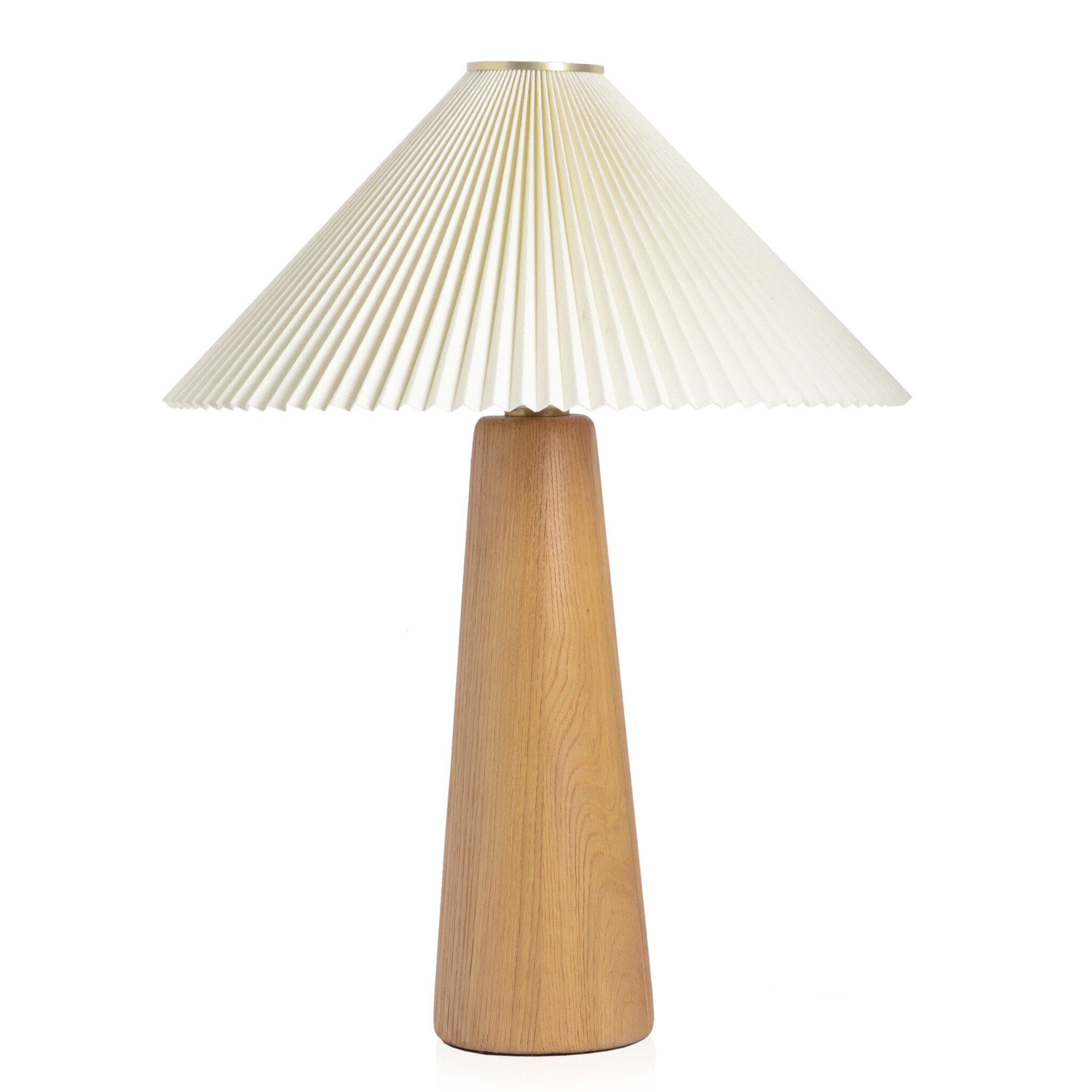 Table lamp with pleated white shade and wooden base on a white background. | Wildwood Home Co.