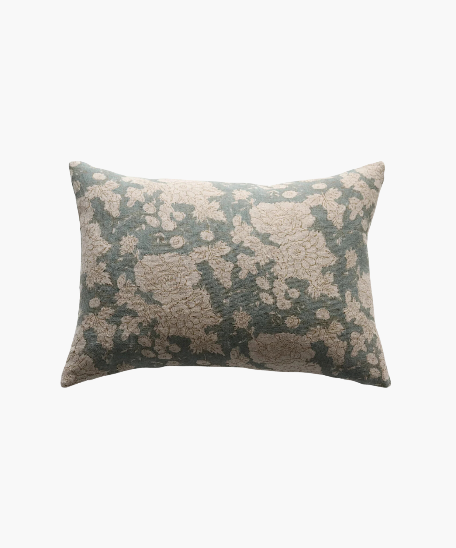 A rectangular lumbar pillow with a vintage floral pattern featuring beige flowers on a muted teal background. The design exudes a calm and classic feel. | Wildwood Home Co.