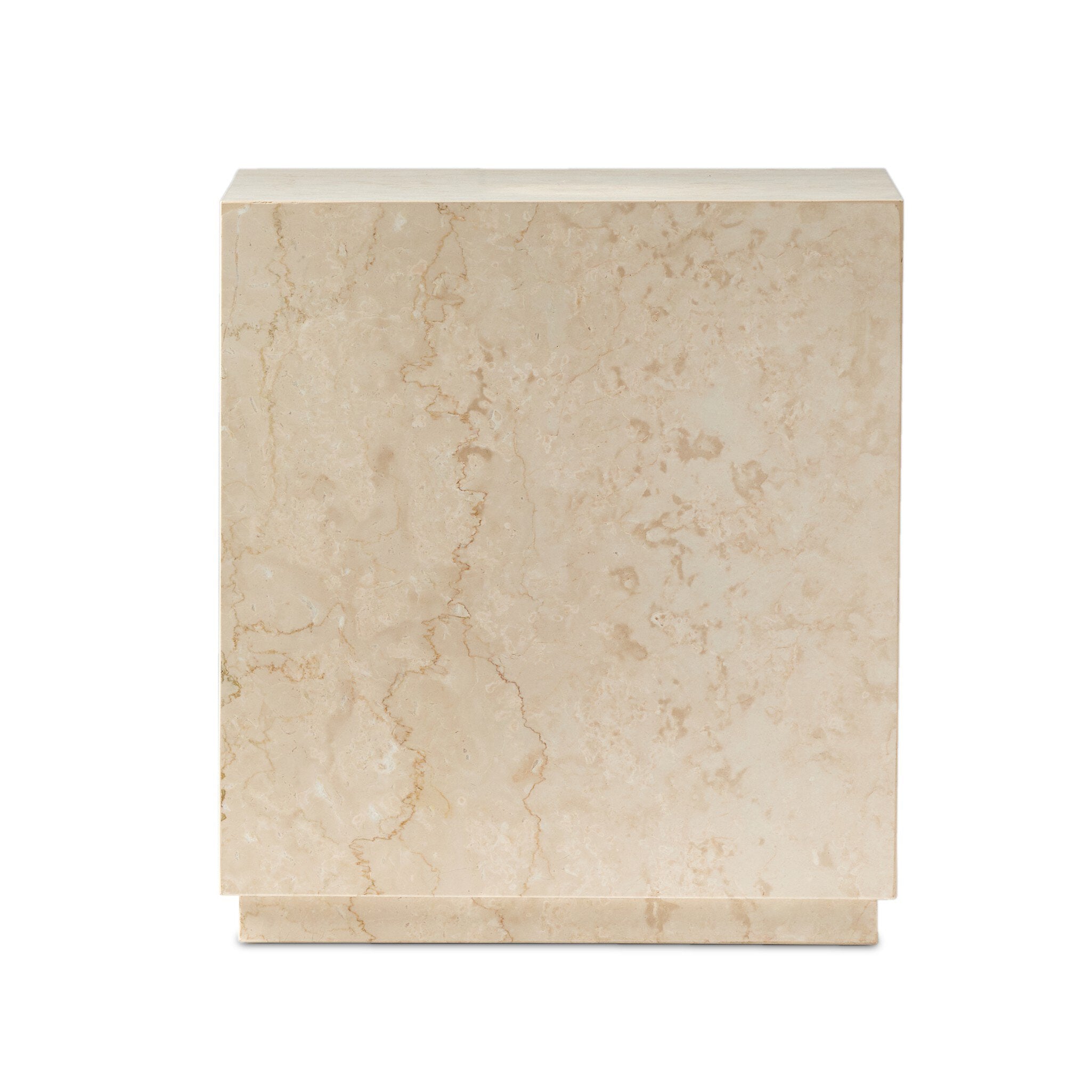 Square beige marble end table with a plinth base on a white background. | Wildwood Home Co.