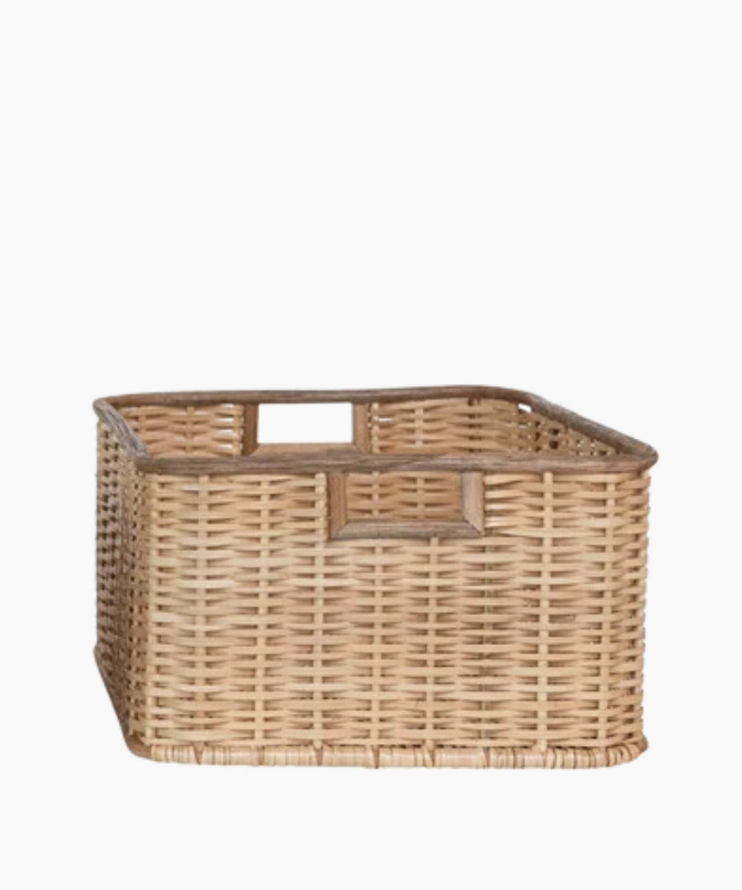 Square wicker basket with natural woven texture, two square cut-out handles. The earthy tone conveys a rustic, homely, and practical feel. | Wildwood Home Co.